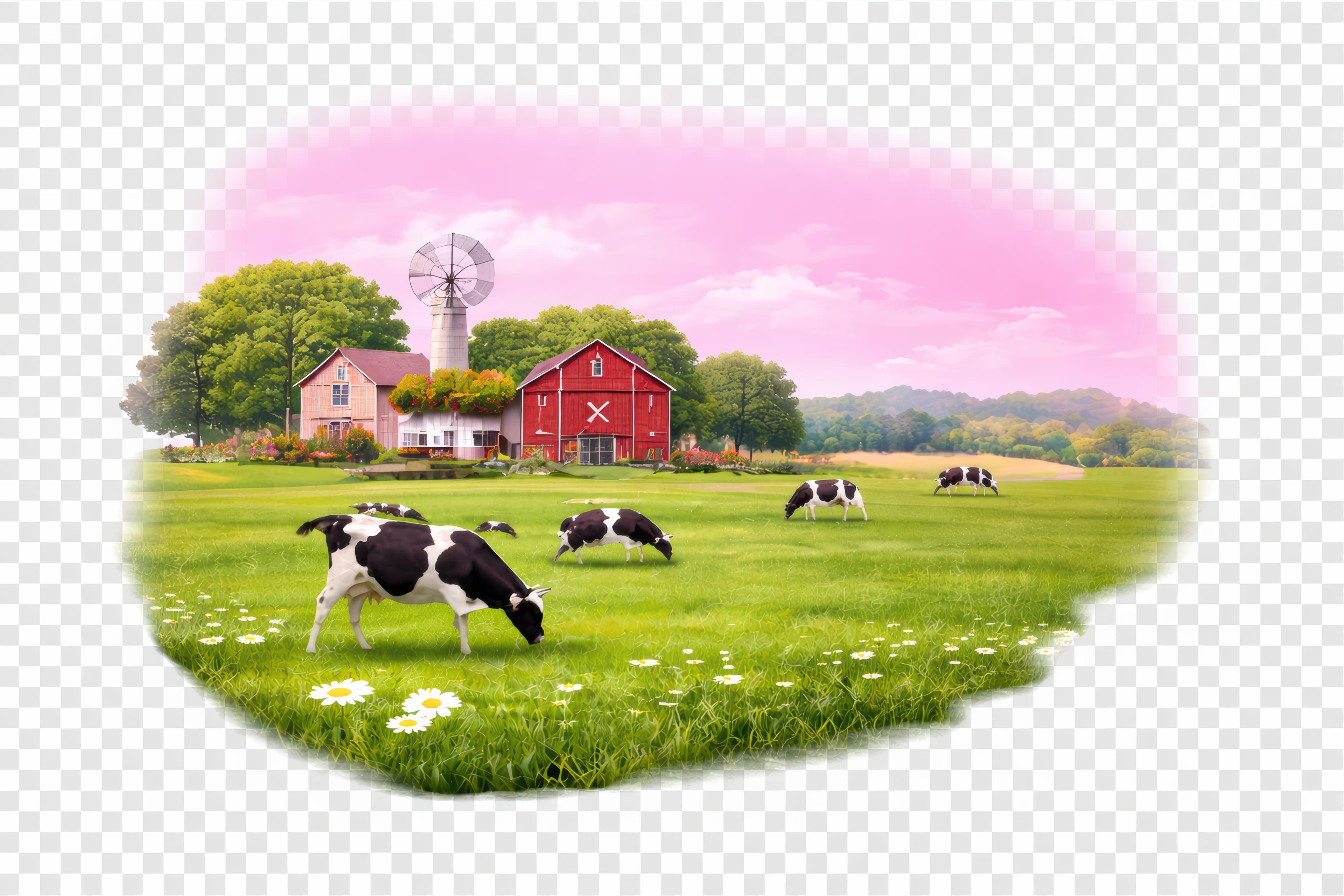 Idyllic Farmstead Landscape – Pastoral Dairy Illustration