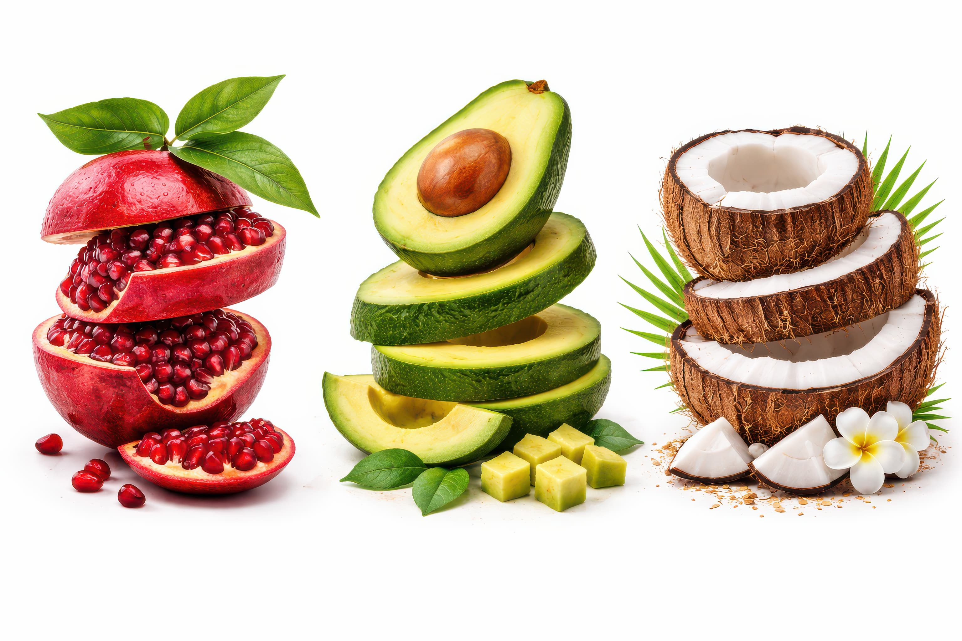 Exotic Superfood Trio: Pomegranate, Avocado & Coconut Stock Asset