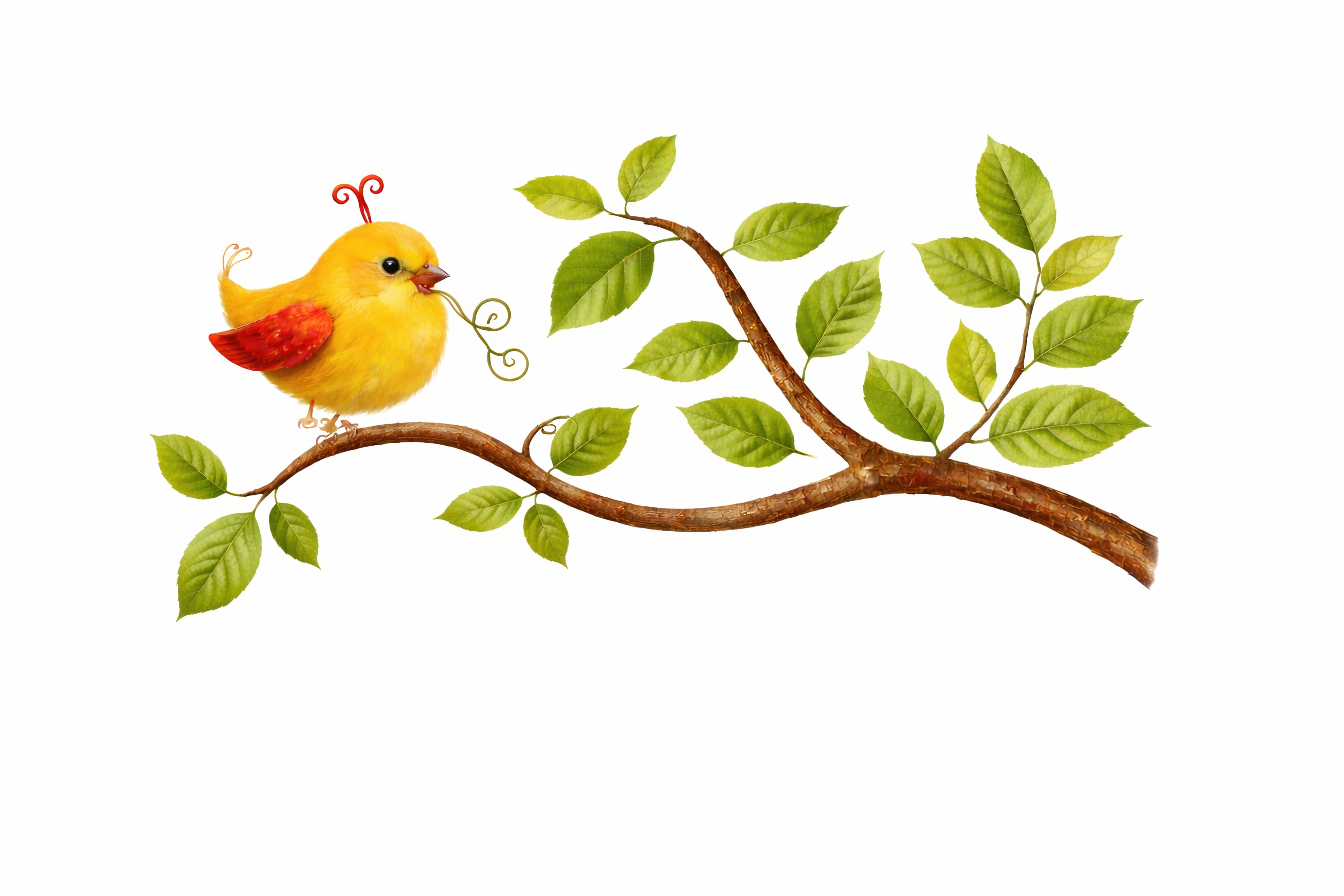 Whimsical Spring Songbird – Golden Chick on Leafy Branch Asset