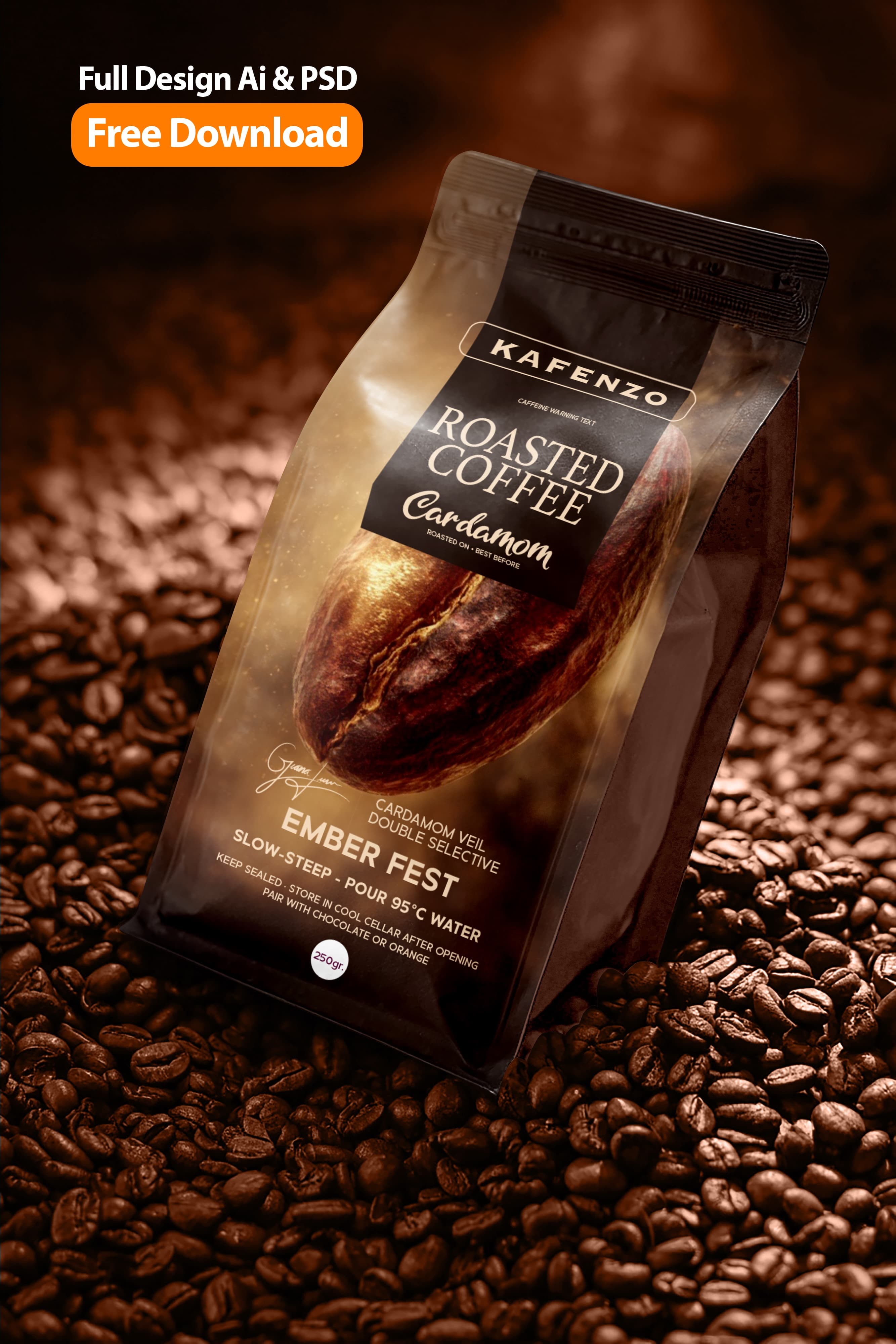 Kafenzo Ember Fest Cardamom Coffee Packaging Mockup with Cocoa Bean Visual | Brandex