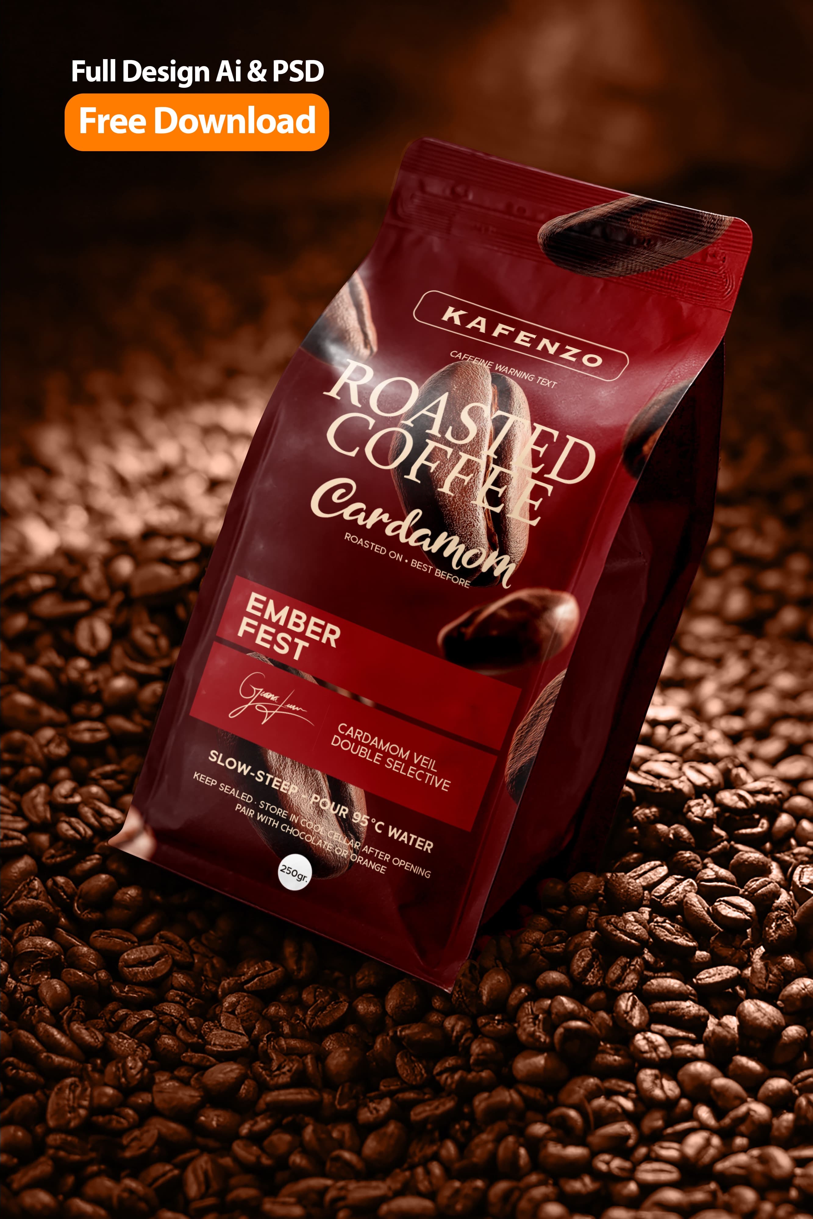 Kafenzo Ember Fest Cardamom Coffee Packaging Design in Deep Red and Cocoa Beans | Brandex
