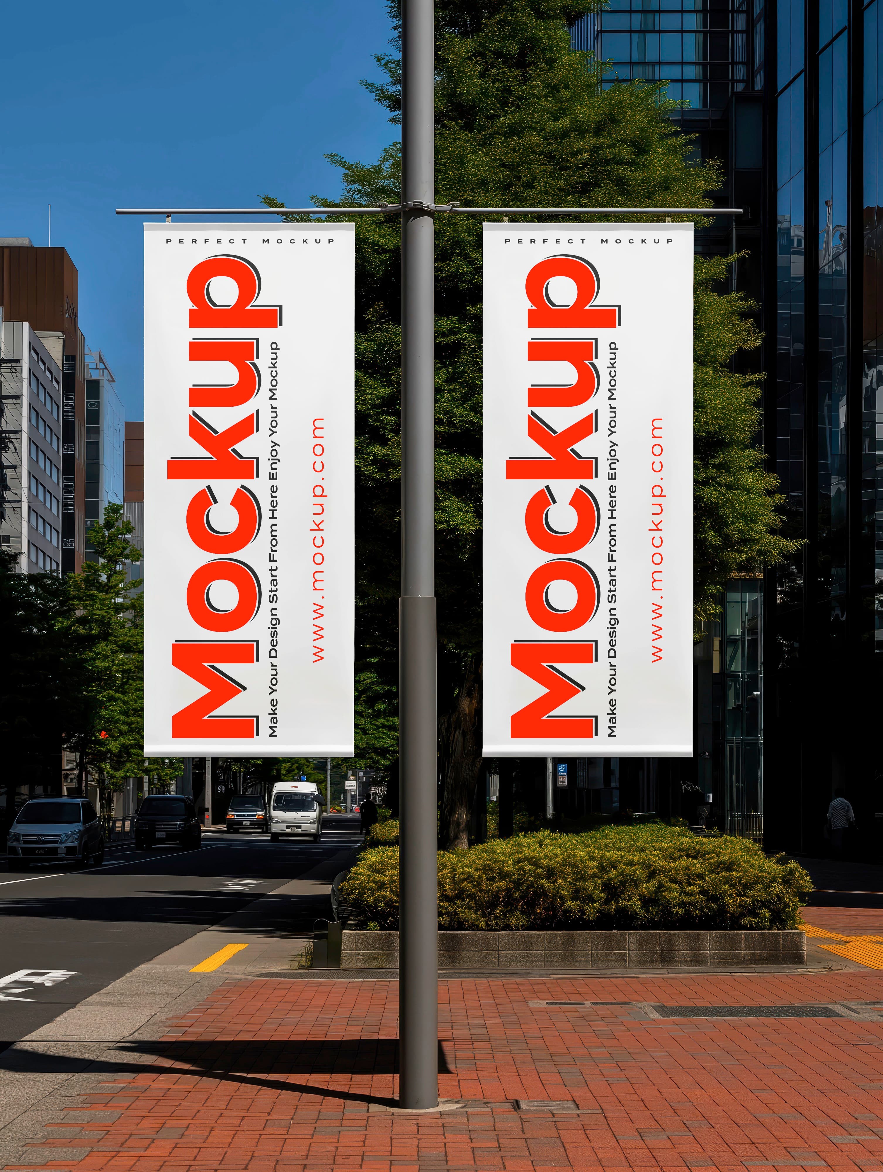 Urban lamp post banner mockup