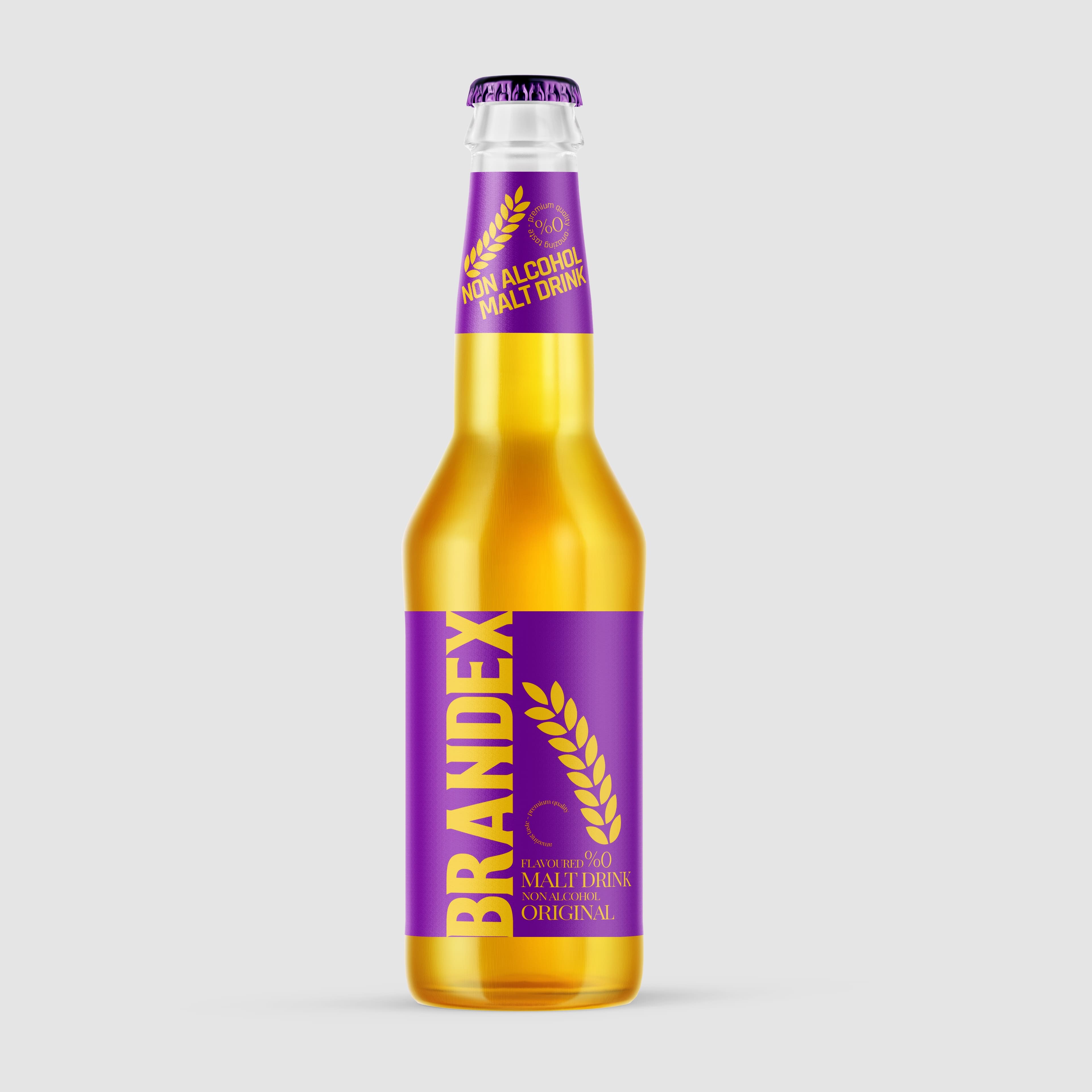 Vibrant purple malt drink bottle packaging design