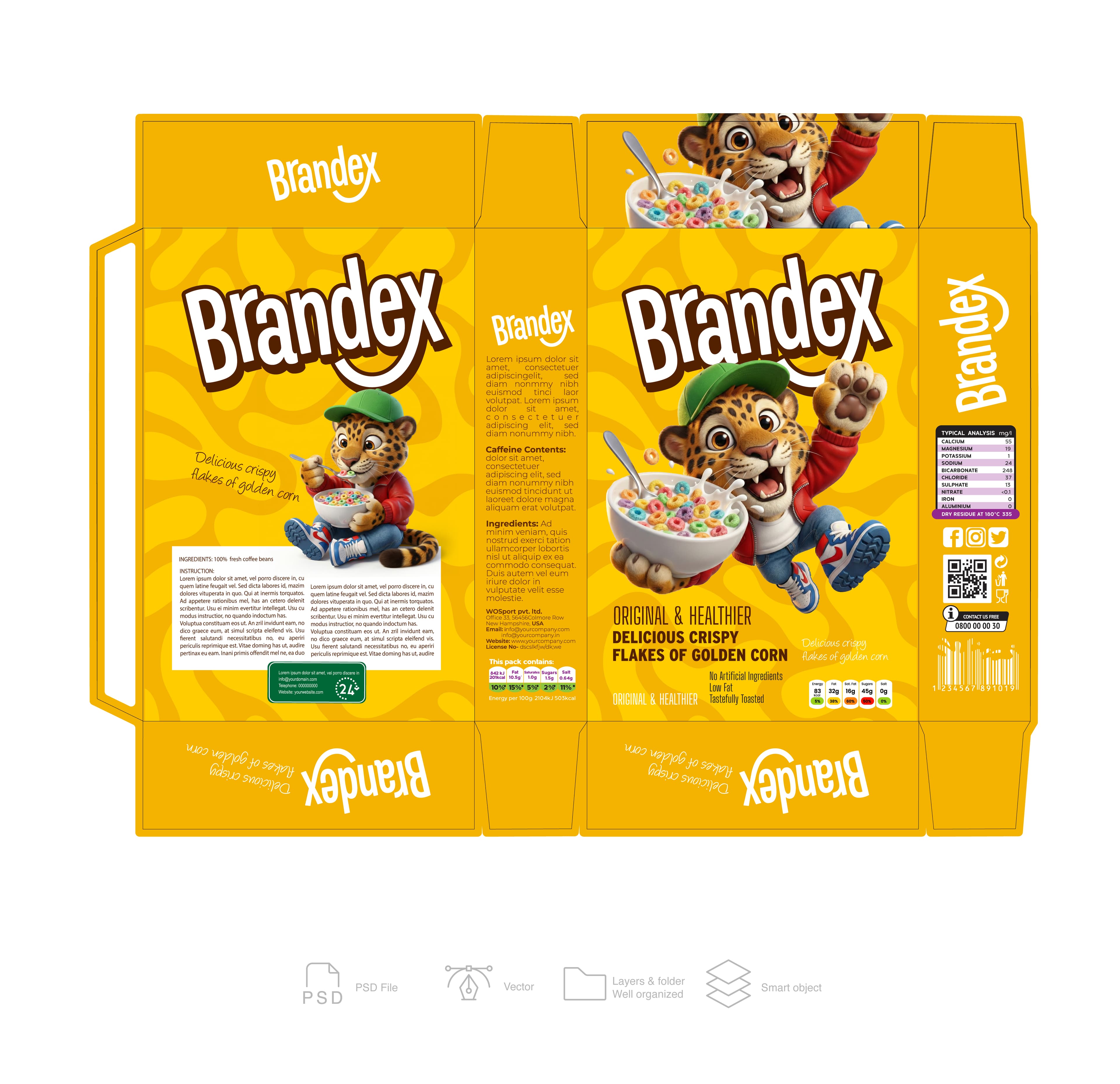 Yellow Corn Flakes Cereal Box Packaging Template – Cartoon Tiger Mascot Design