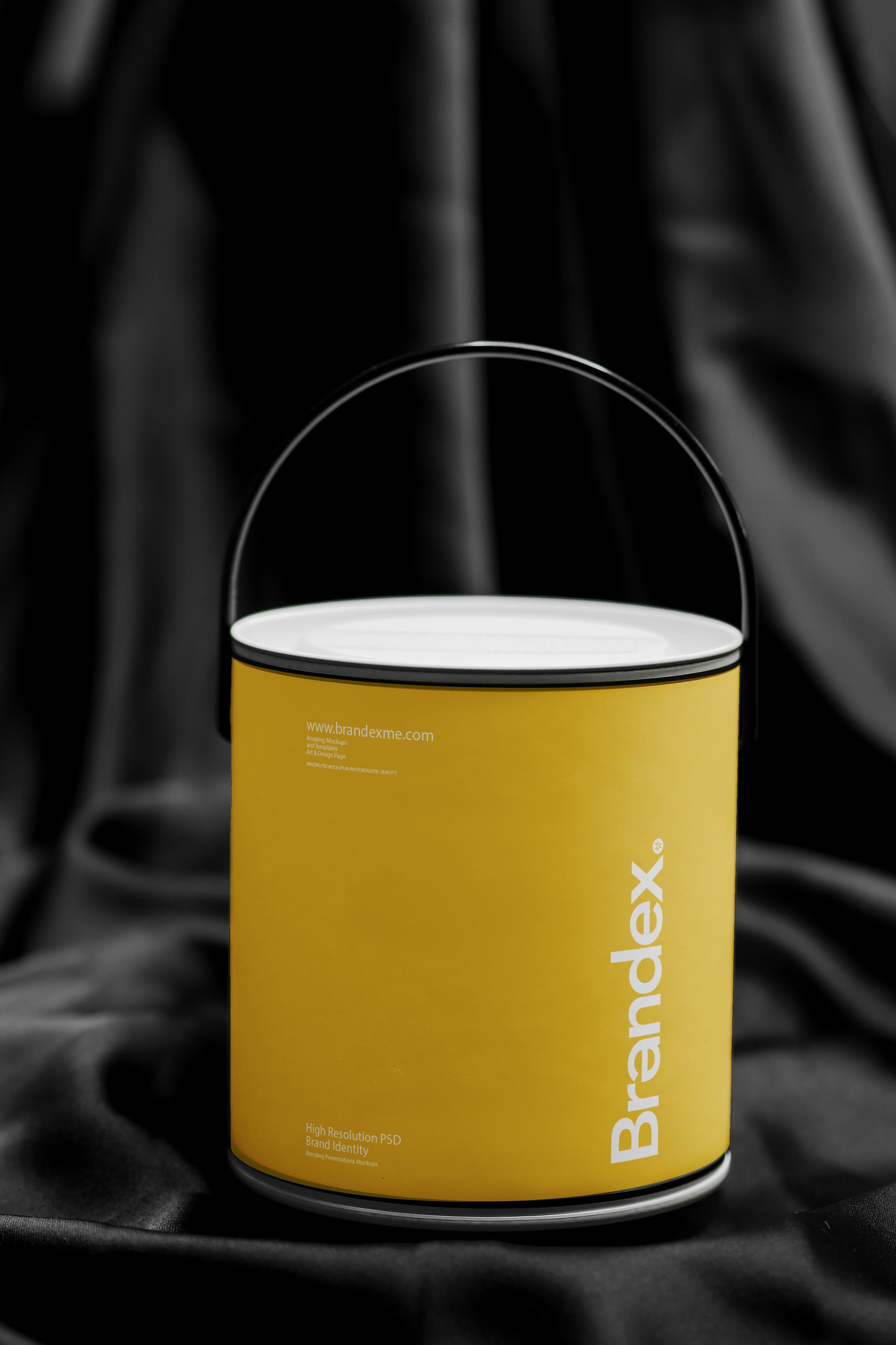 Yellow Paint Bucket Mockup on Black Silk Fabric Backdrop