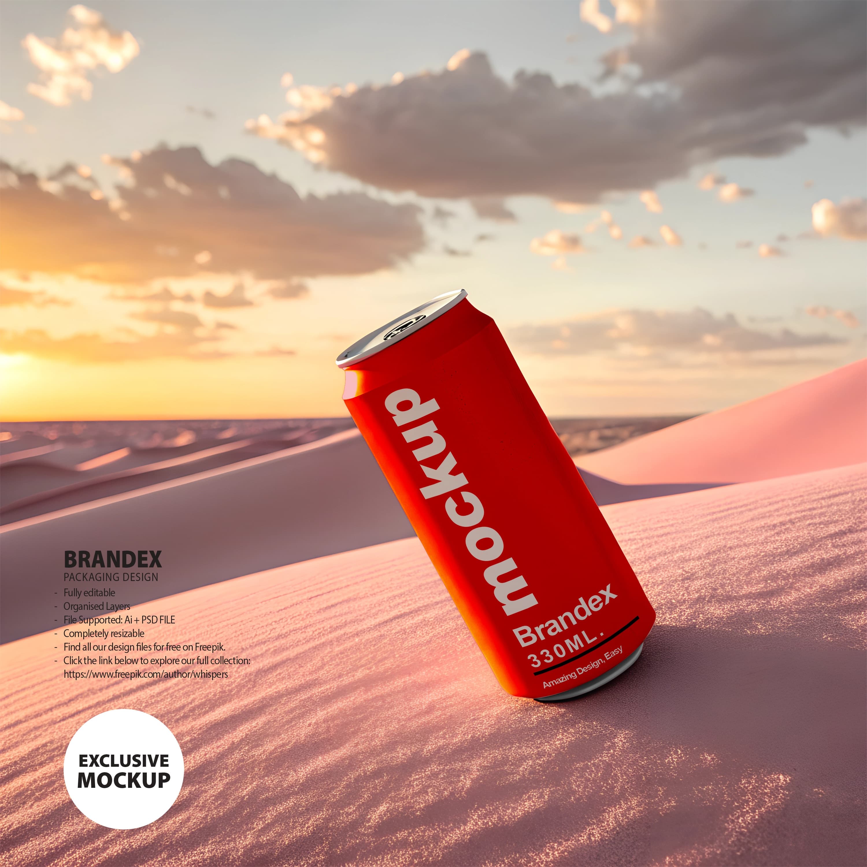 Red Soda Can Drink Packaging Mockup Realistic Desert Sunset