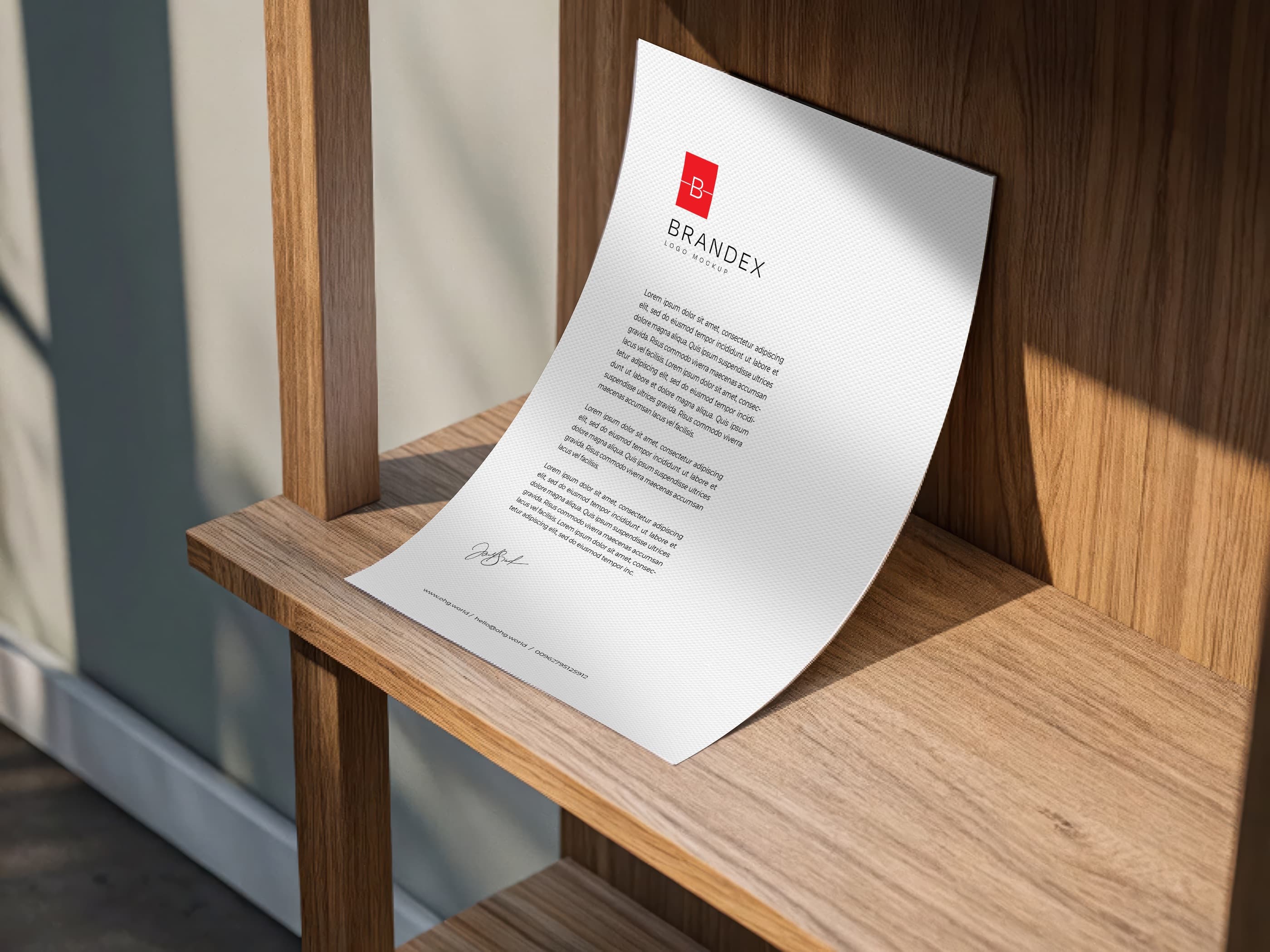 Elegant Letterhead Stationery Branding Mockup on Wood Shelf