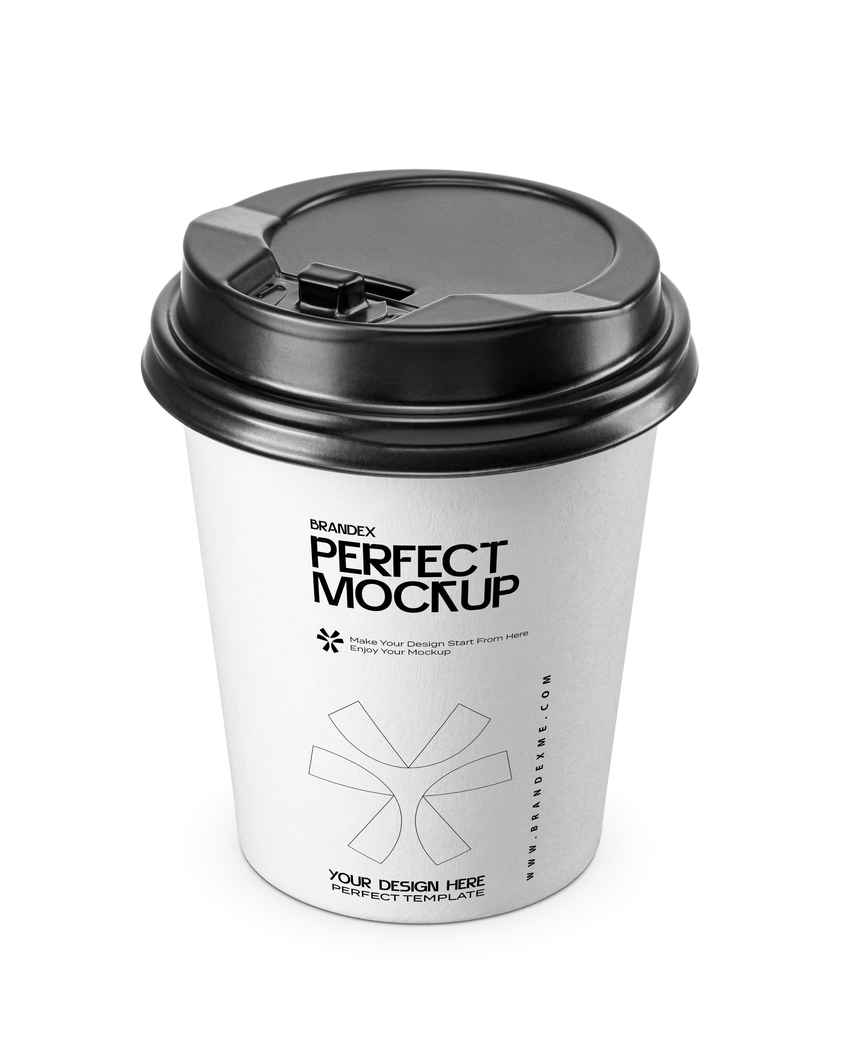 White Paper Espresso Cup Mockup with Black Plastic Lid – Front High Angle