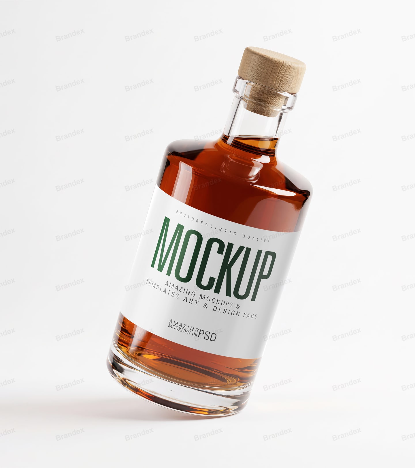 Amber Whiskey Bottle Mockup — Cork Top, Angled