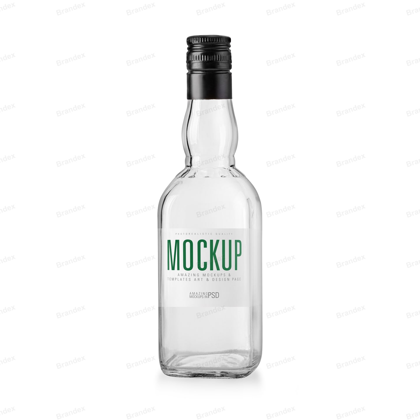 Clear Glass Flask Bottle Mockup — Black Cap