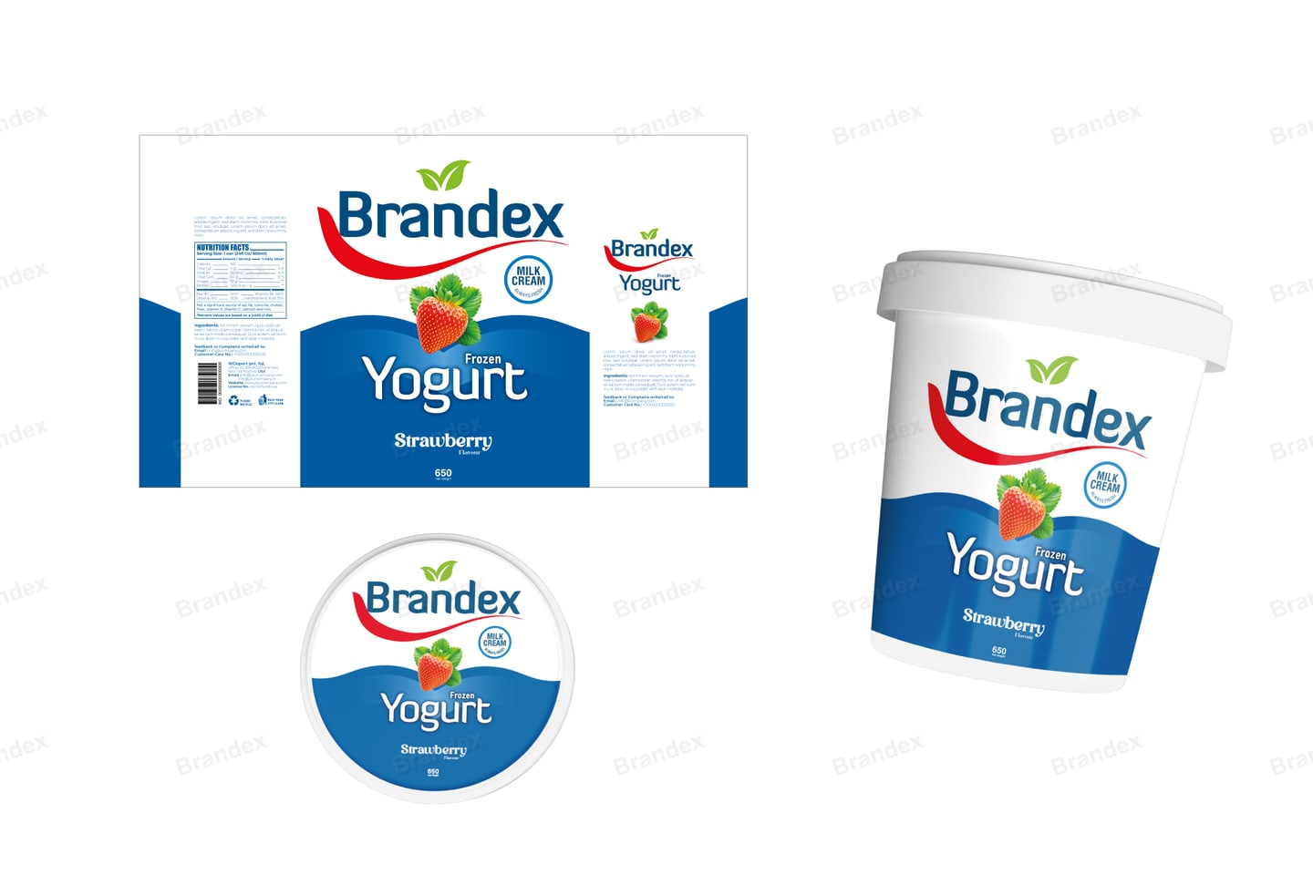 Strawberry on Blue Panel — Frozen Yogurt Tub Packaging EPS Template