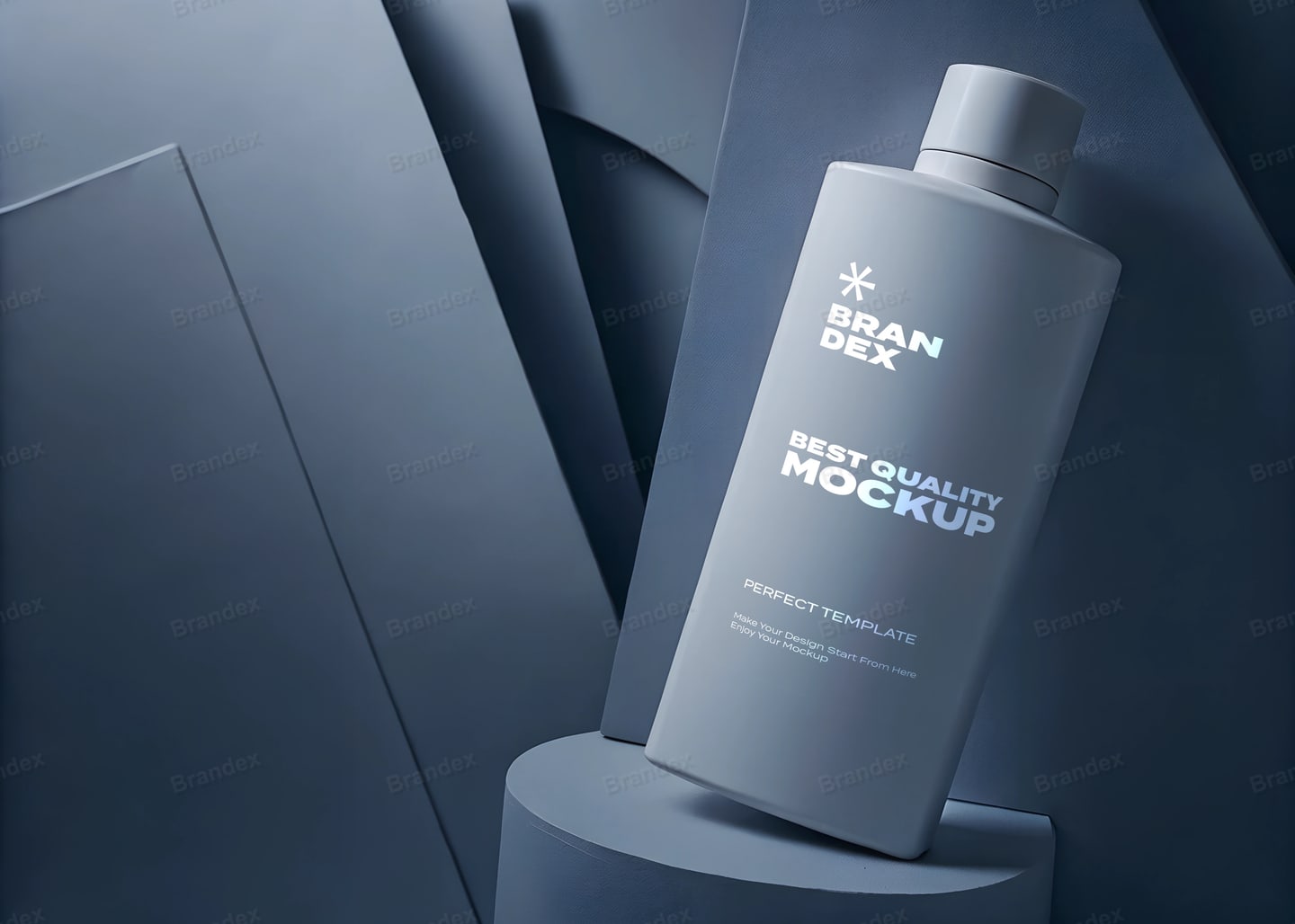 Slate Blue Cosmetics Bottle Mockup on Podium – Abstract Geometric Backdrop