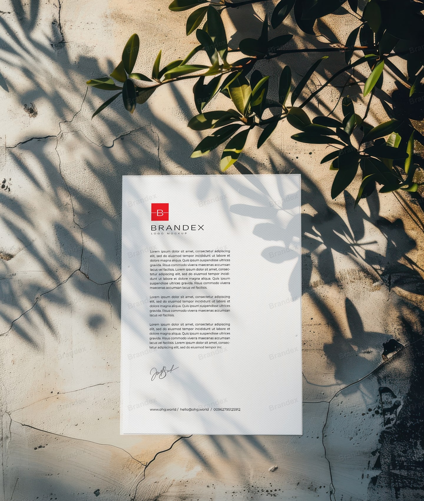 Premium Brandex Stationery – Minimalist White Letterhead with Organic Leaf Shado
