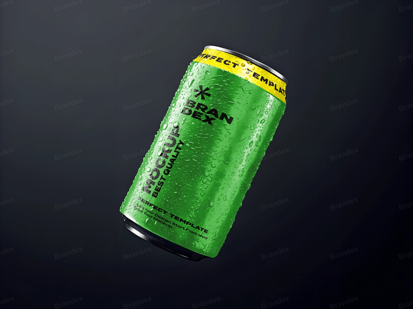 Floating Green Aluminum Can Mockup with Water Droplets