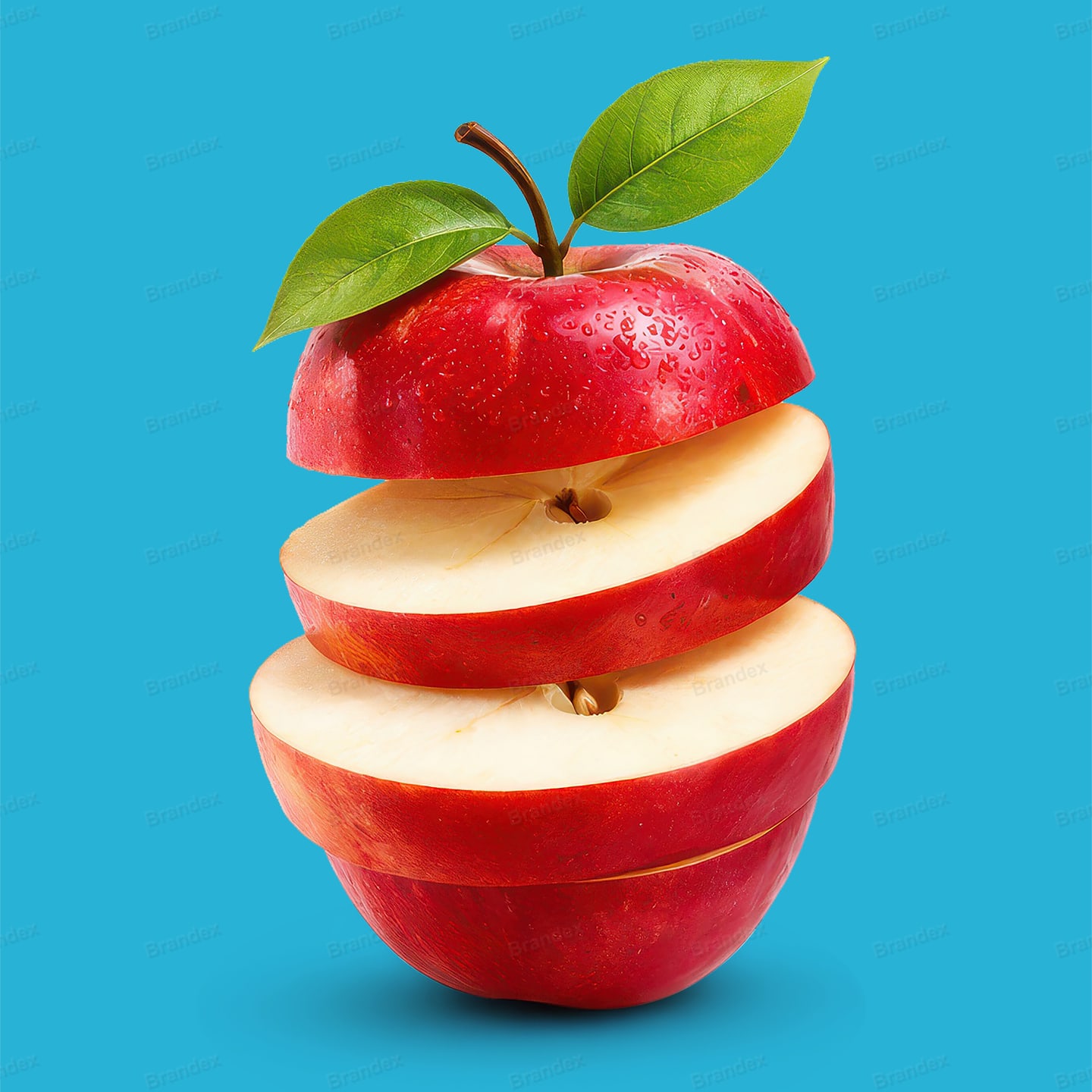 High-Resolution Levitation Red Apple Slices with Fresh Green Leaves