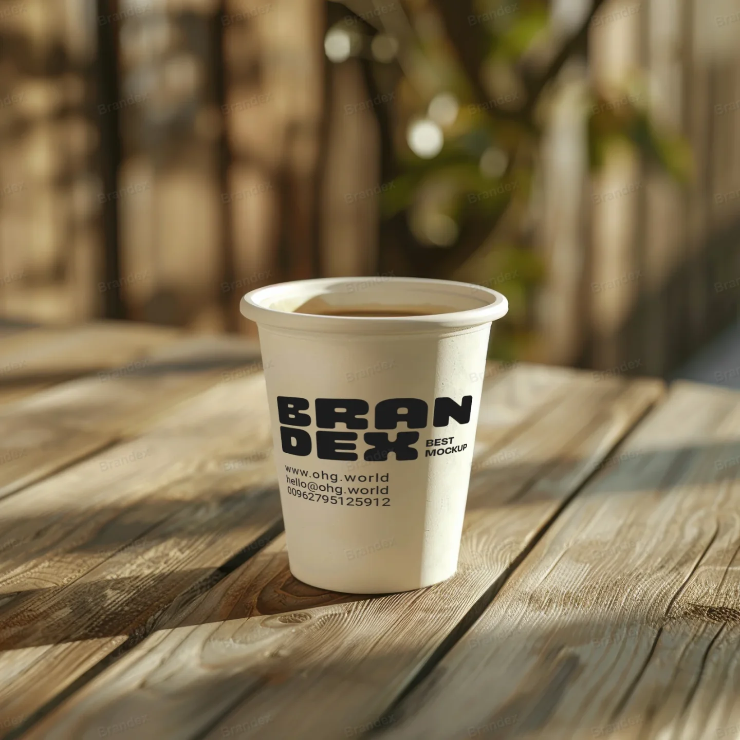 White Paper Coffee Cup Mockup on Outdoor Wooden Table with Sunlight