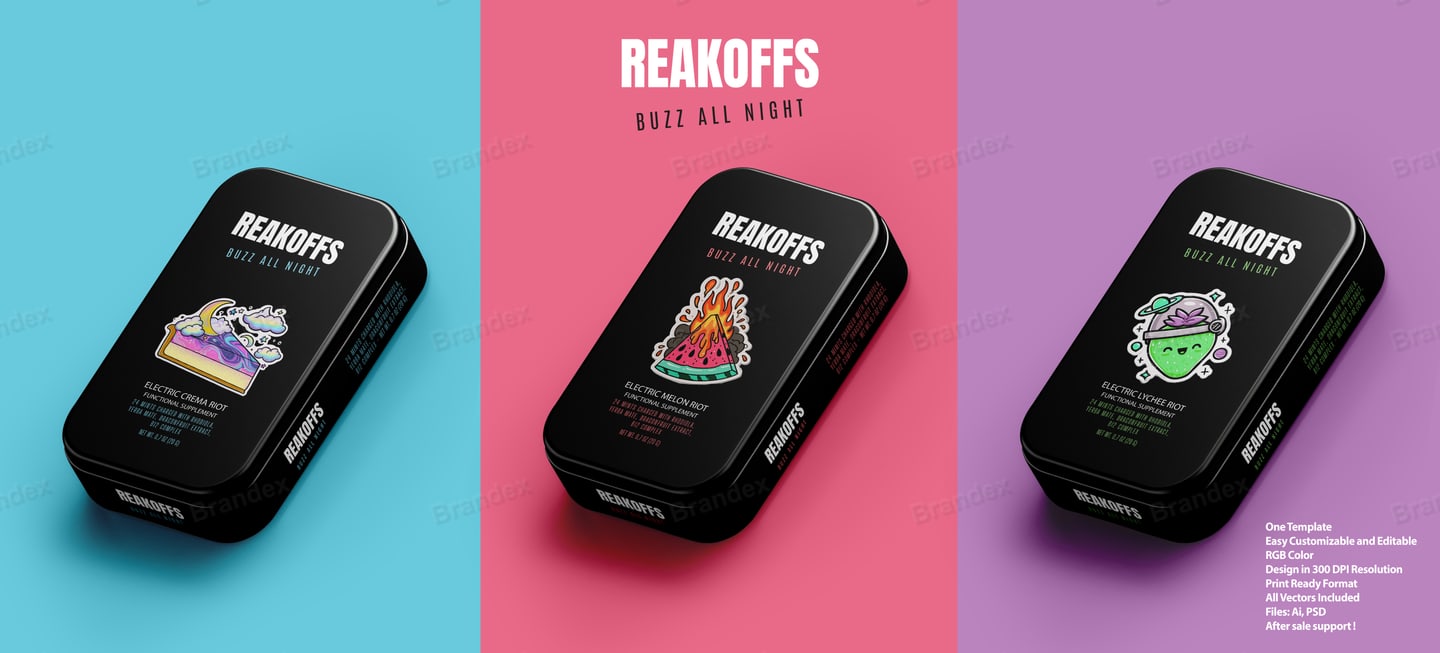 Reakoffs Buzz All Night Gum Tin Packaging Mockup - Black Vector Art