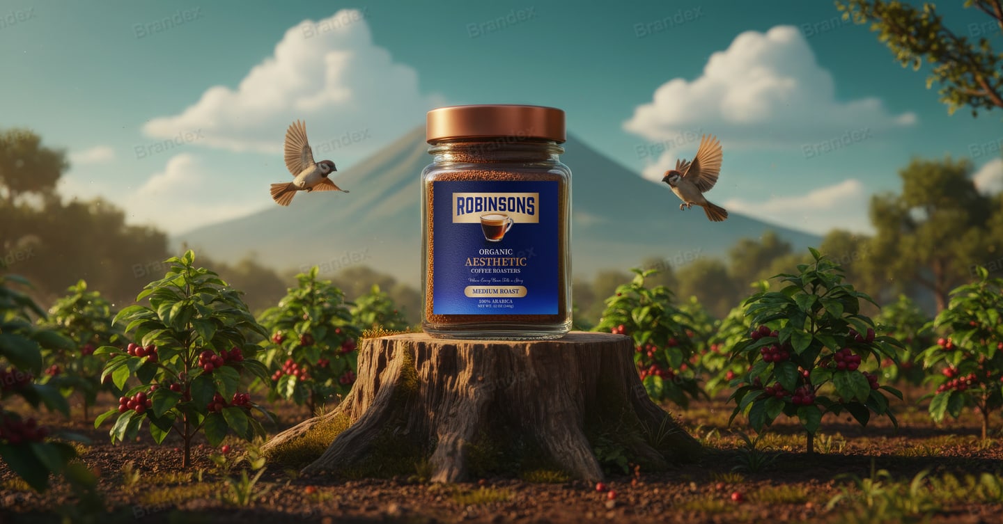 Instant Coffee Jar Label Template – Plantation Scene Mockup