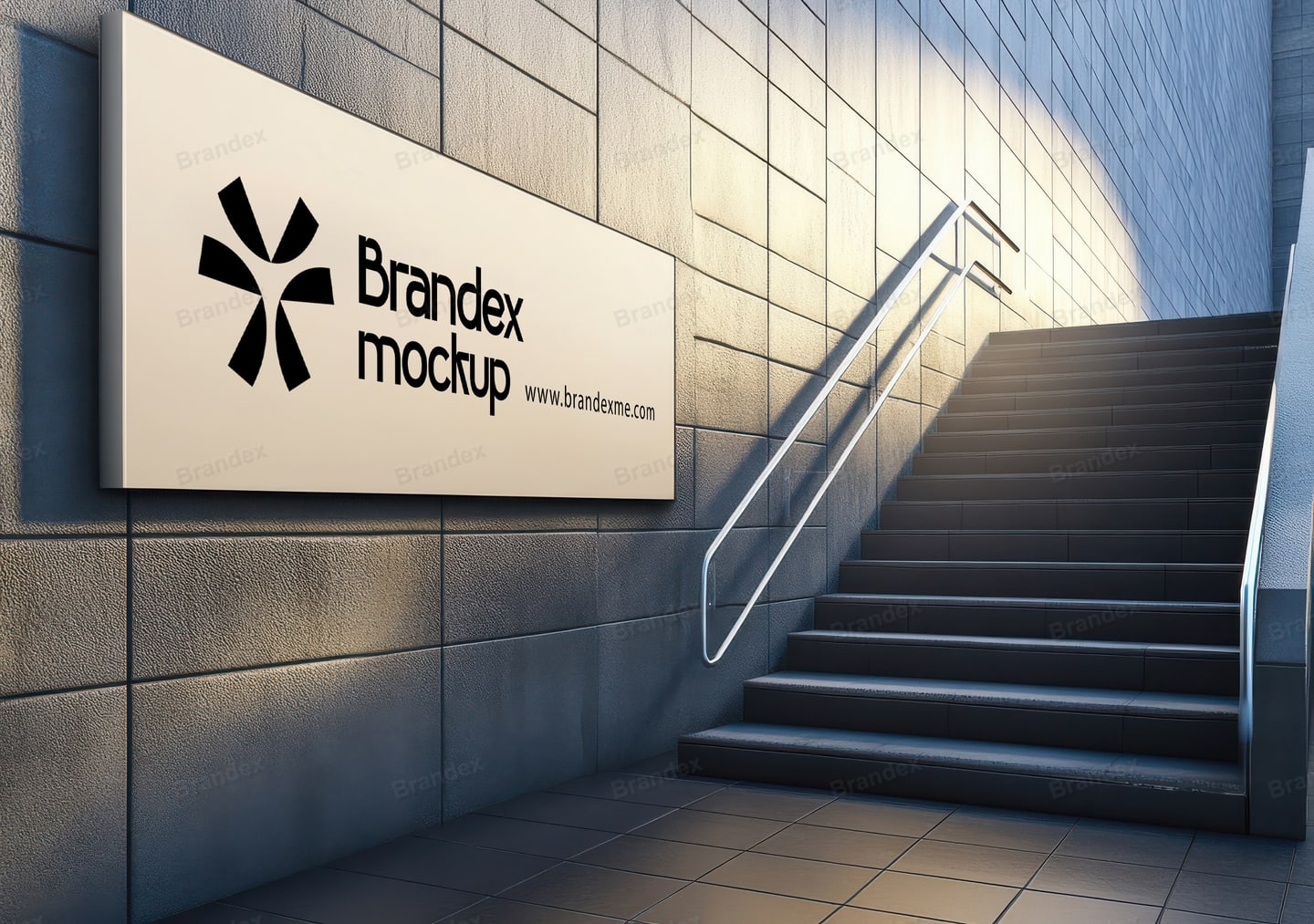 Photorealistic Outdoor Wall Signage Mockup Sunlit Stairway