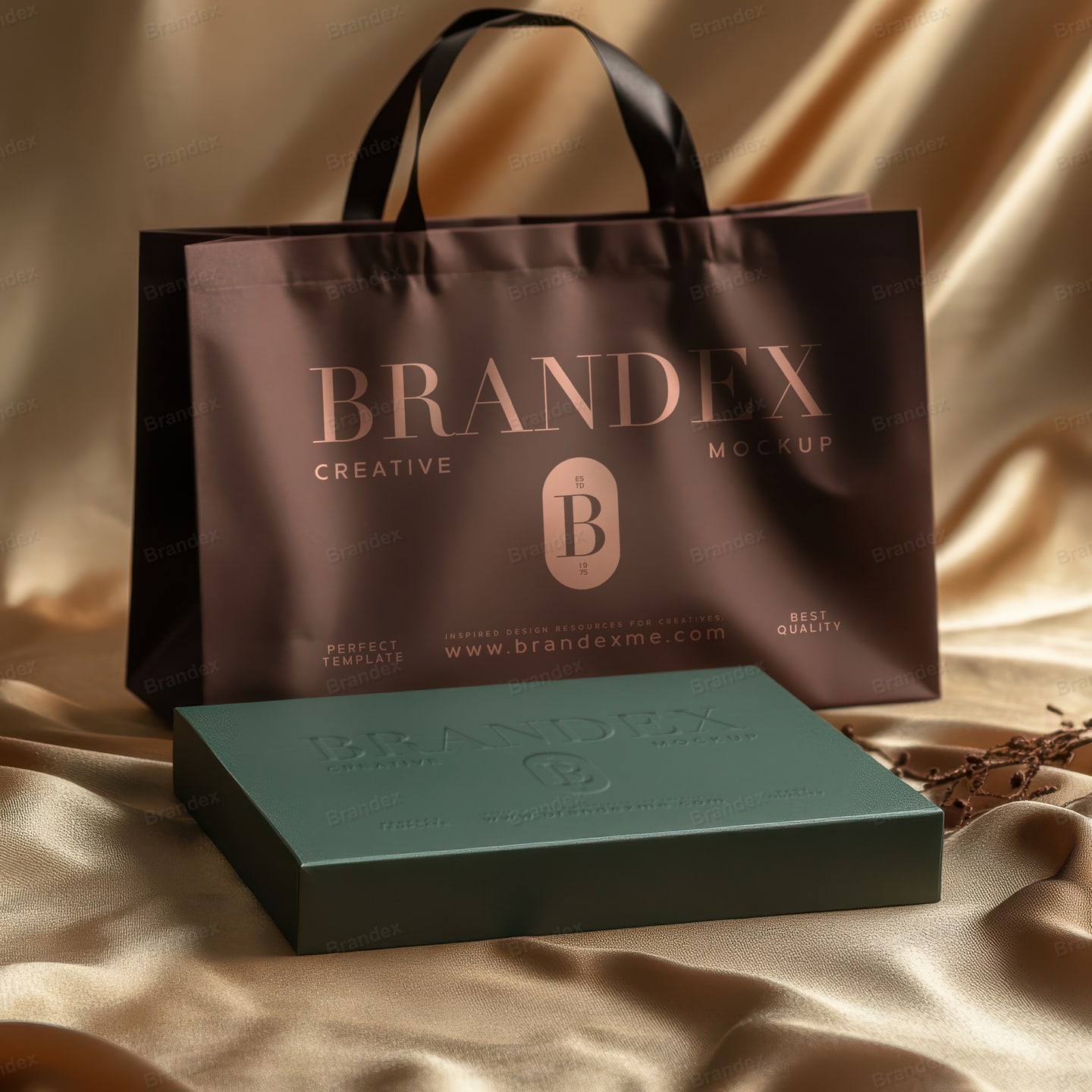 Luxury Satin Bag and Emerald Gift Box Mockup on Draped Silk Fabric