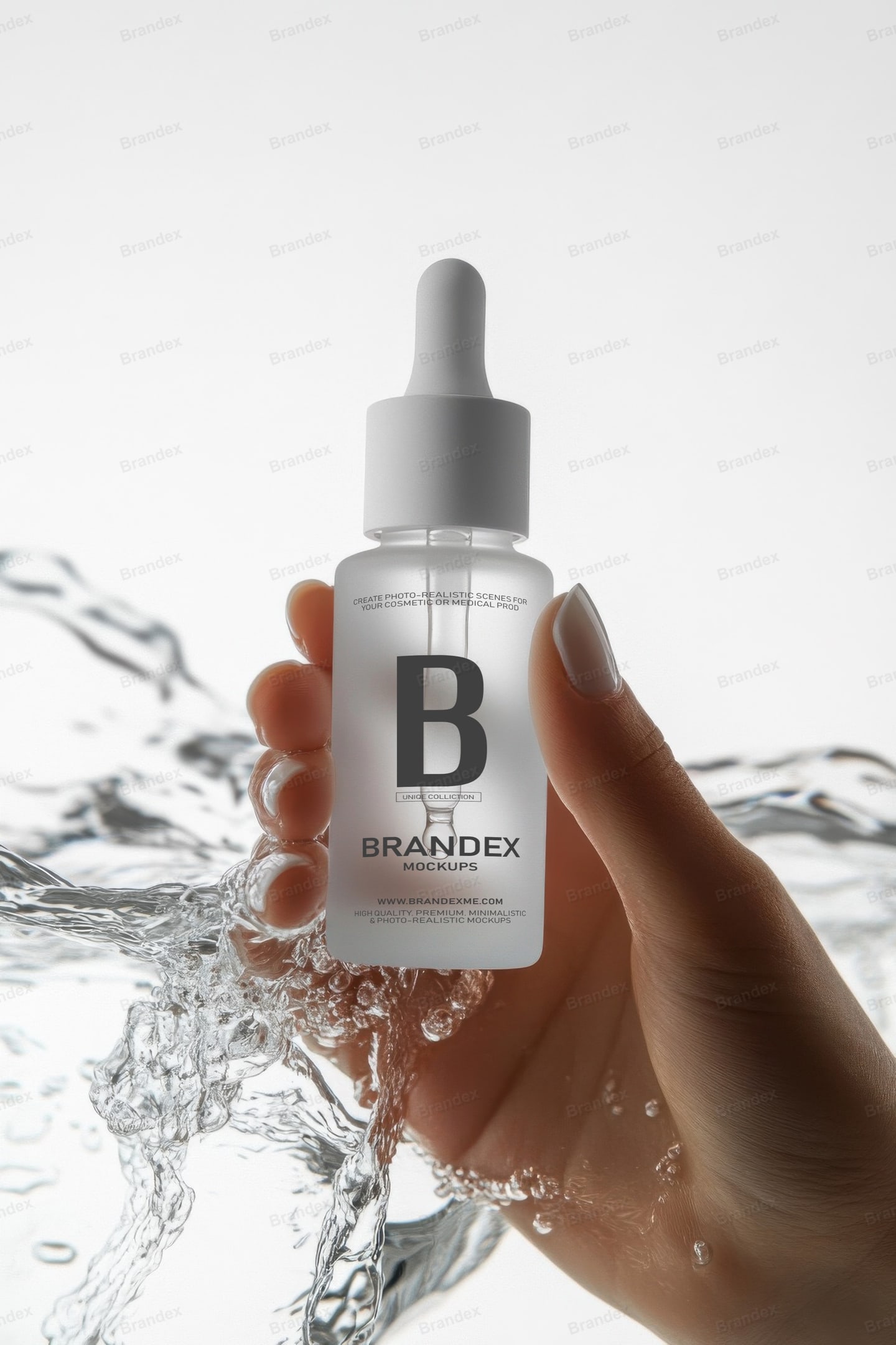 Photorealistic Cosmetic Dropper Bottle Splash Mockup