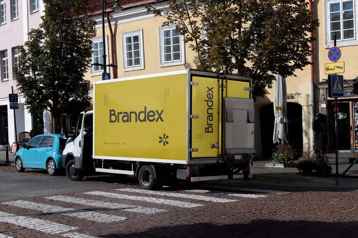 Yellow Delivery Truck Branding Mockup in Urban Street Scene