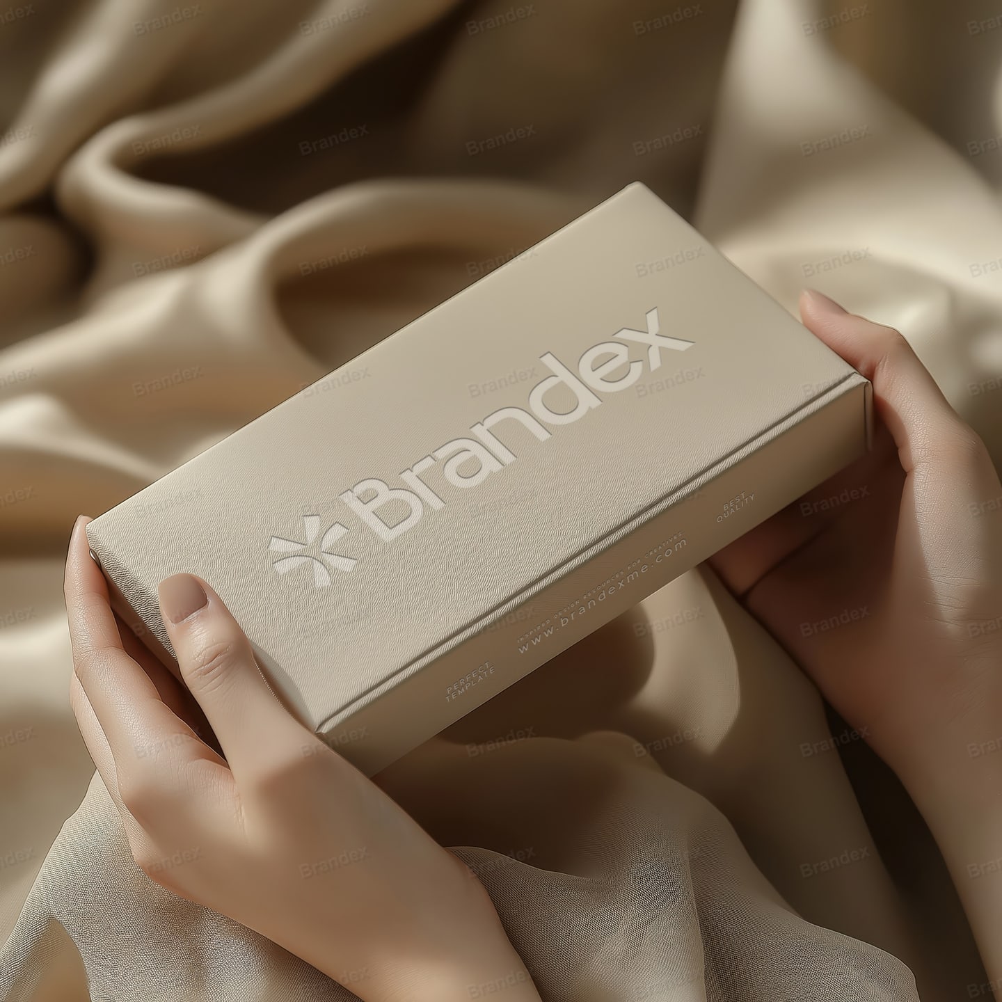 Beige Textured Packaging Box Mockup Held in Hands on Silk Fabric