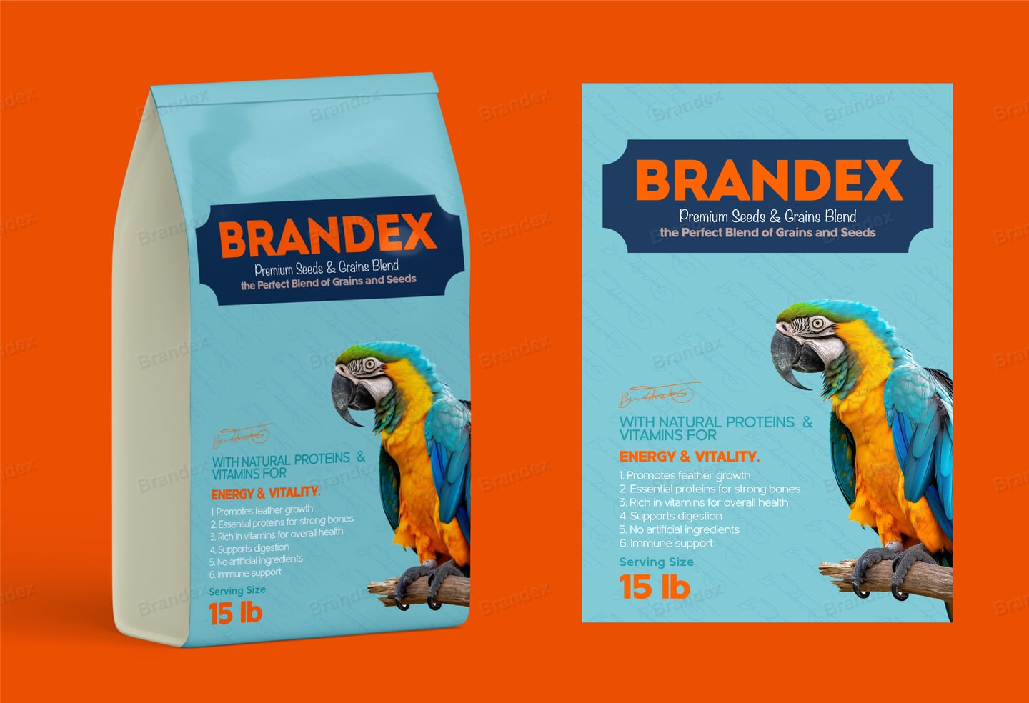 Vibrant Parrot Bird Food Packaging Design, Bold Graphics, Natural Nutrients