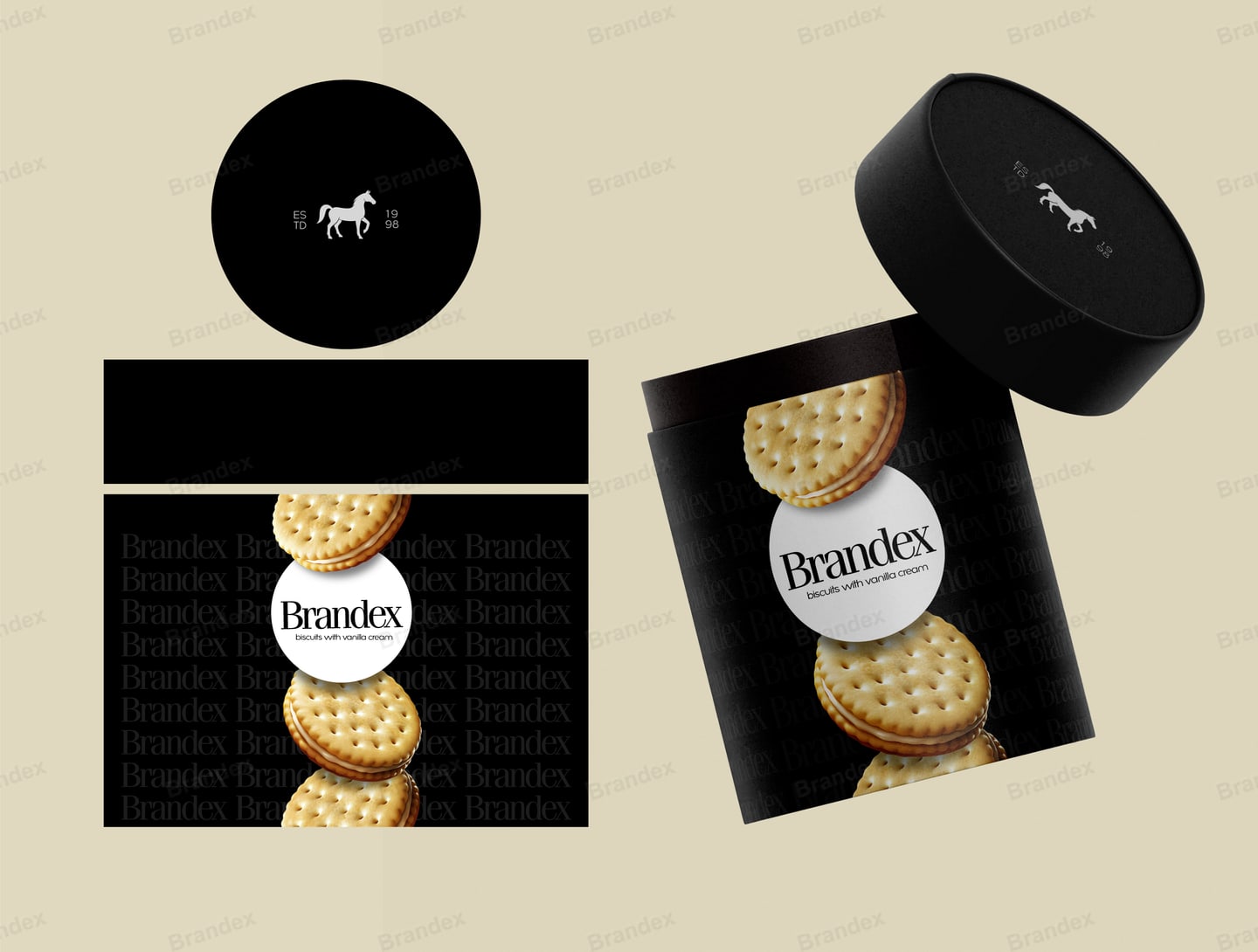 Black Cylinder Packaging for Gourmet Vanilla Biscuit Snacks