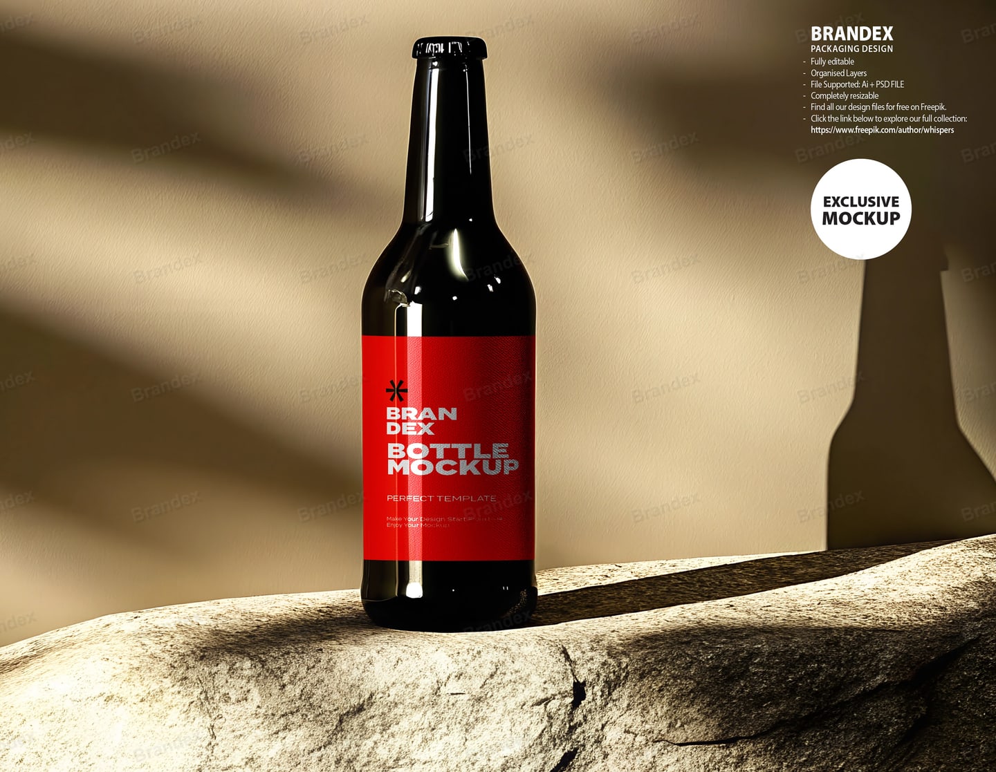 Realistic Red Label Beer Bottle Mockup on Rock Surface