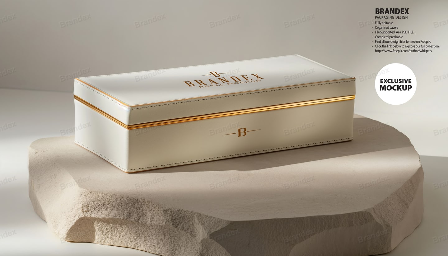Luxury Cream Rigid Gift Box Mockup with Gold Trim on Stone Surface