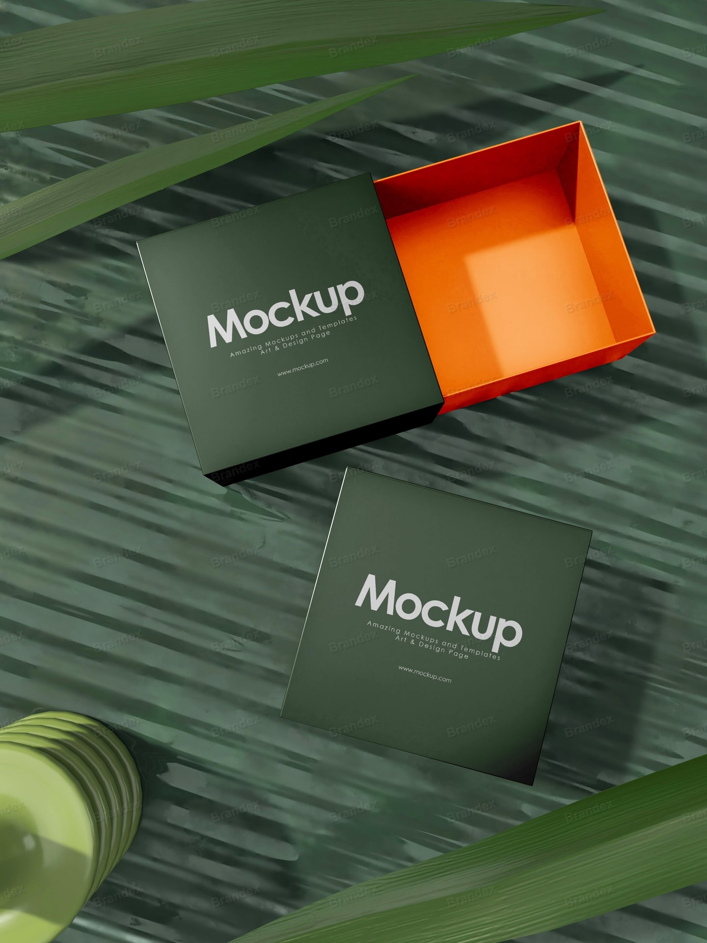 Dark Green Square Gift Box Mockup with Vibrant Orange Interior