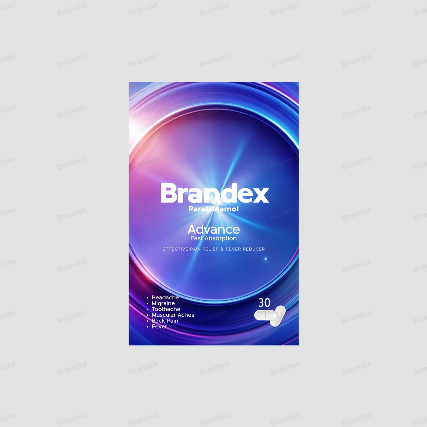 Vibrant Blue Pharmaceutical Pain Relief Tablet Box Packaging with Dynamic Swirls