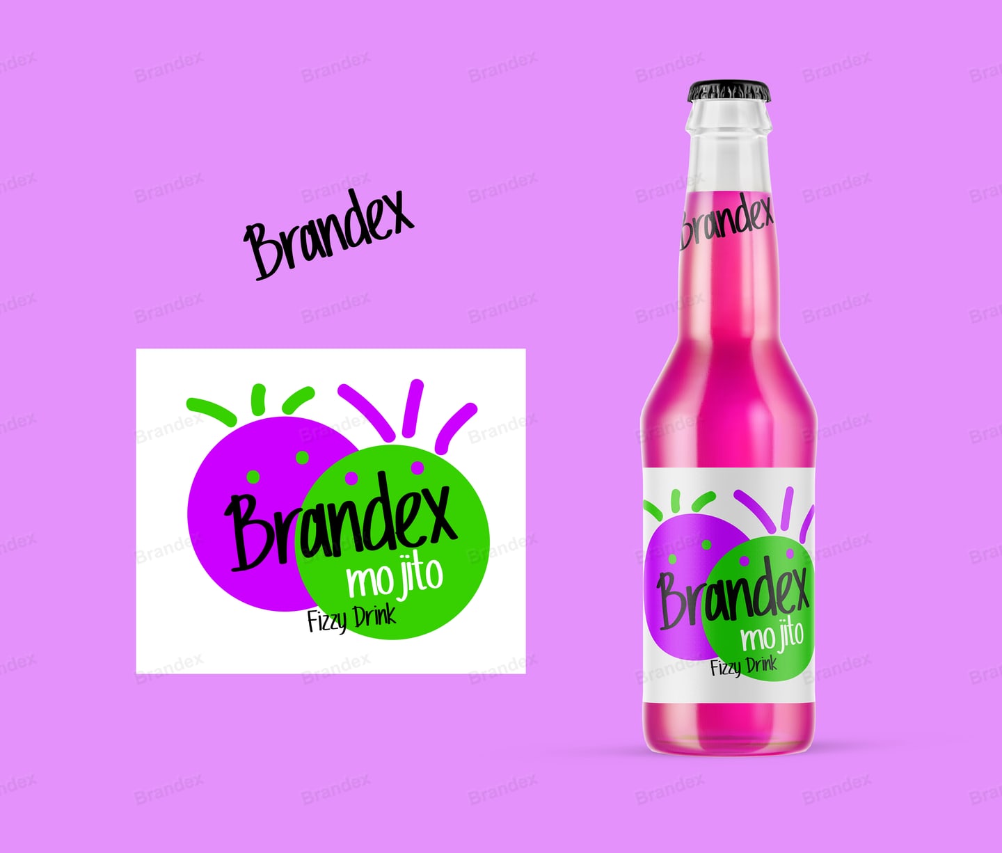 Pink Mojito Fizzy Drink Bottle Packaging with Green Purple Accents