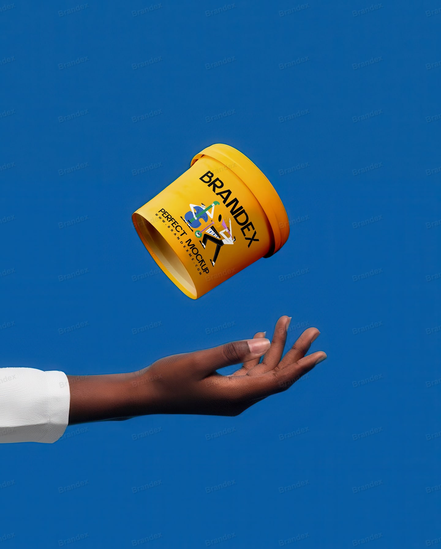 Floating Yellow Plastic Tub Mockup Above Hand – Blue Background
