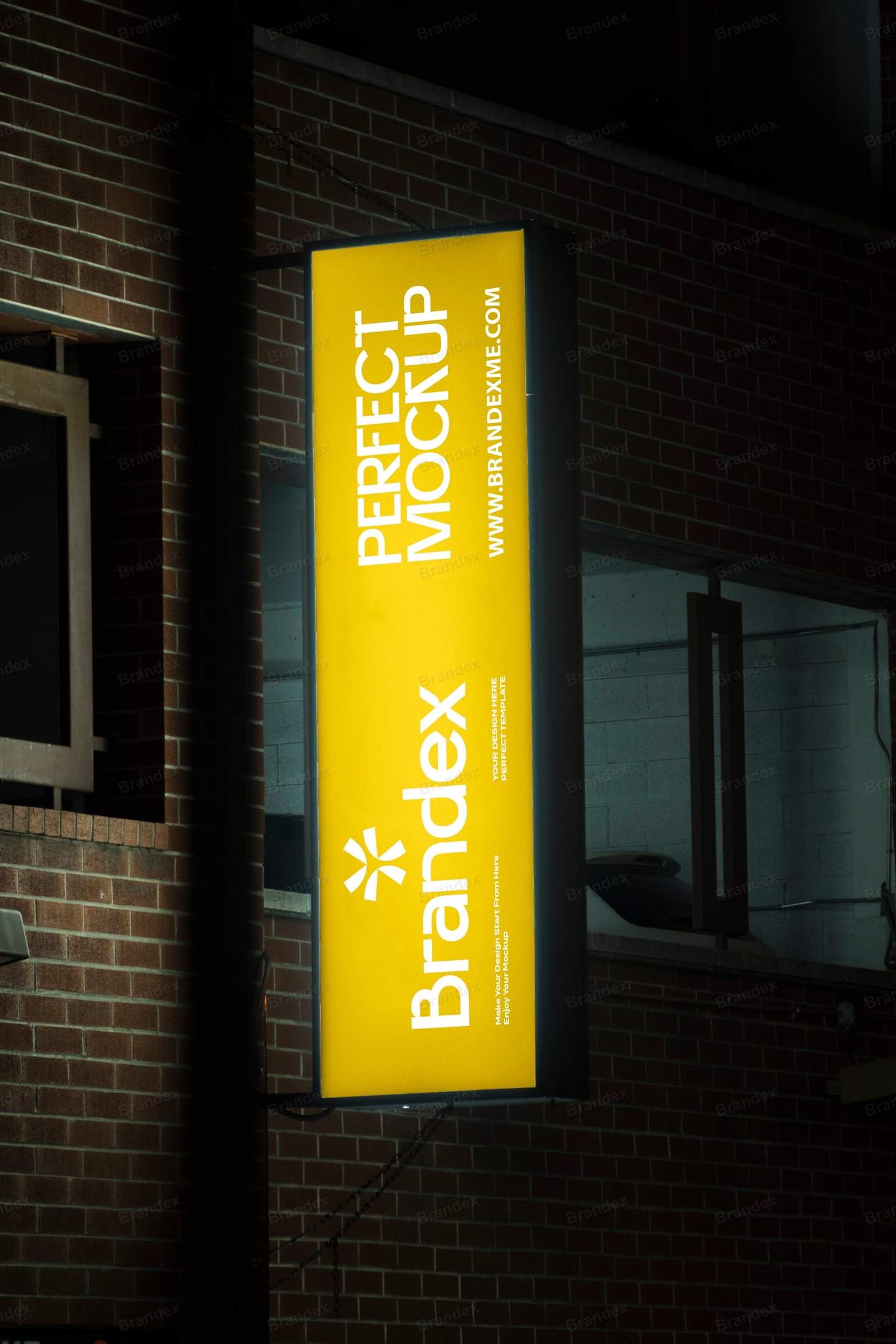Vertical Yellow Illuminated Outdoor Sign Mockup Brick Wall