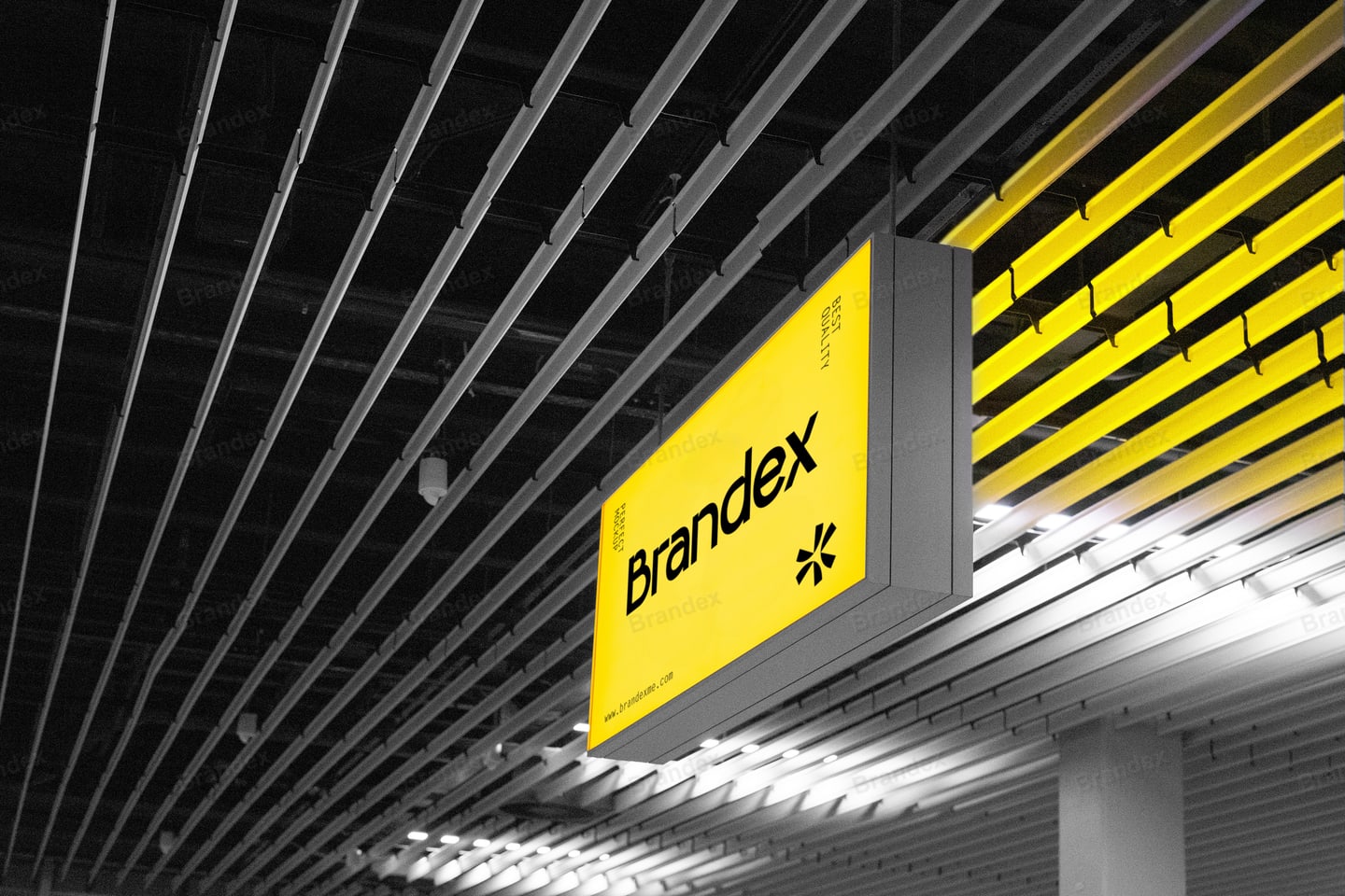 Bright Yellow Ceiling Sign Mockup for Public Space Branding