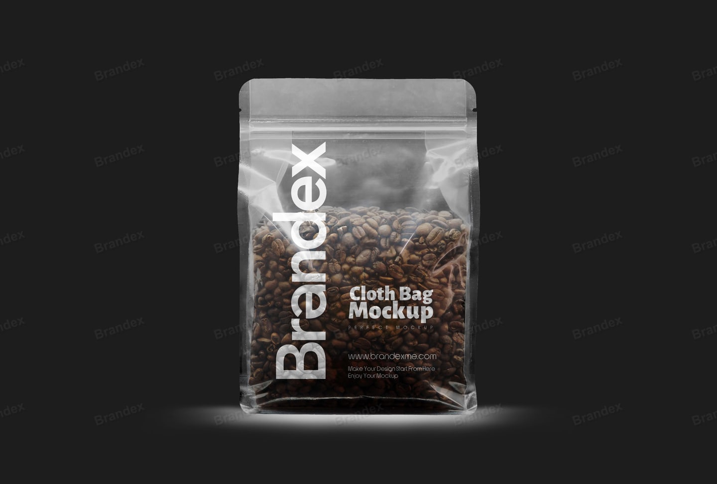 Clear Plastic Coffee Bag Mockup with Roasted Beans – Dark Studio Setup