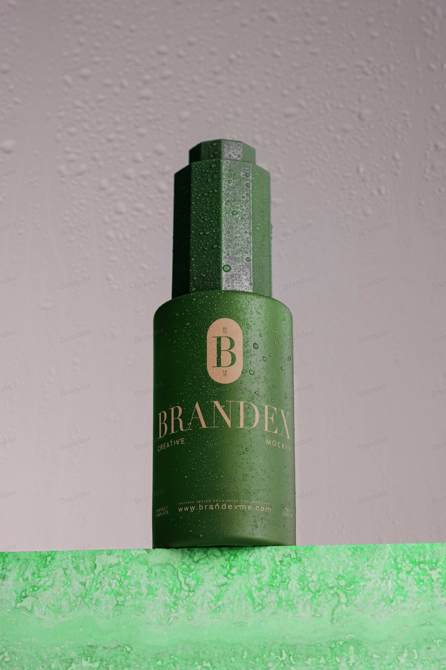 Elegant Green Cosmetic Spray Bottle Mockup with Water Droplets for Branding