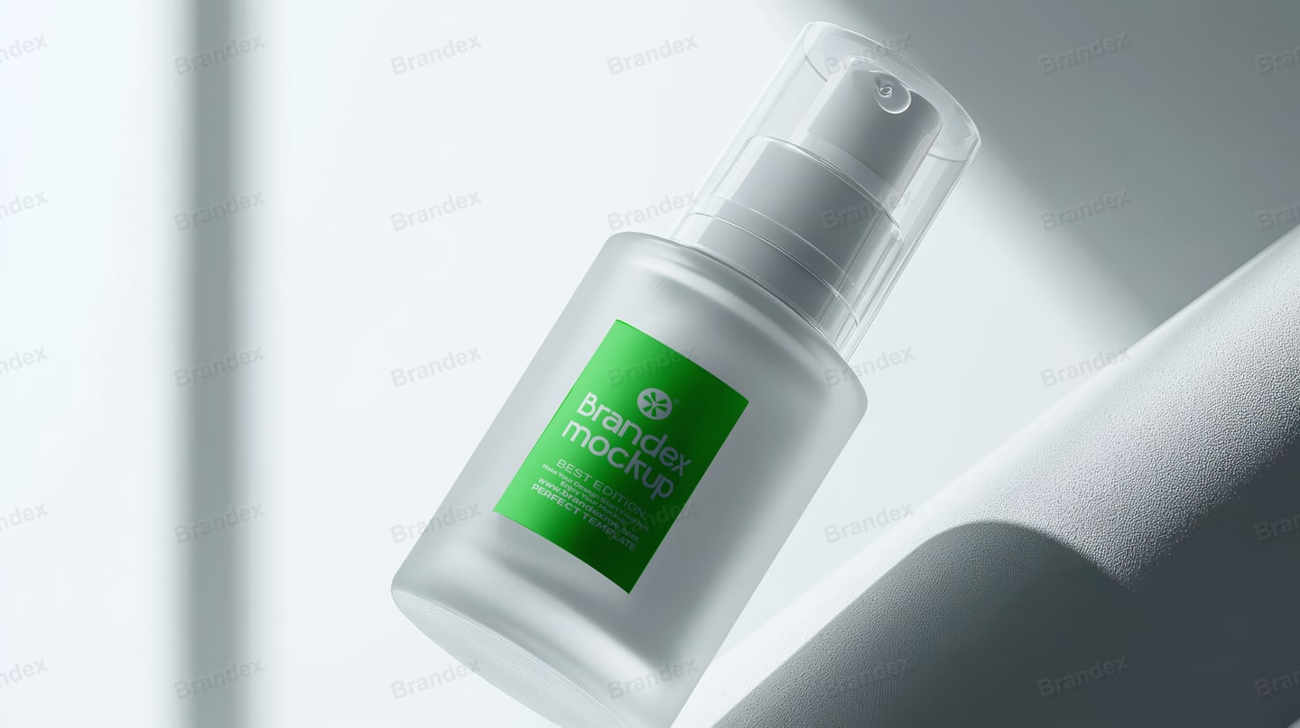 Frosted Glass Cosmetic Pump Bottle Skincare Mockup with Green Label