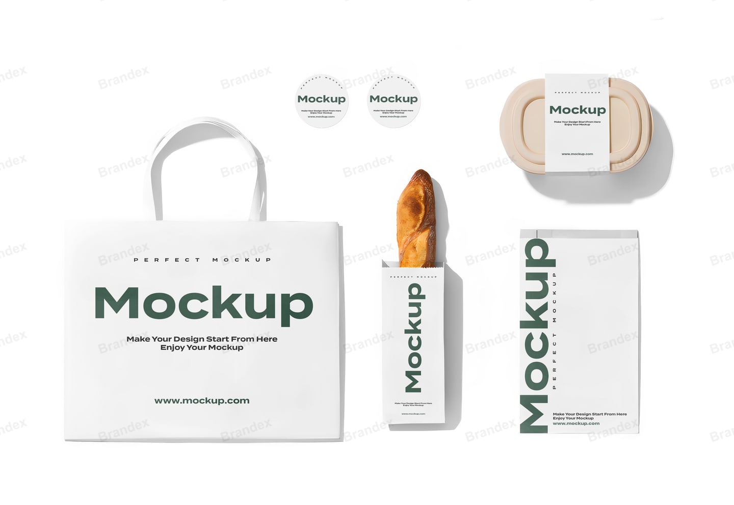 Bakery Food Packaging Branding Mockup Set – Bag, Baguette Sleeve & Container