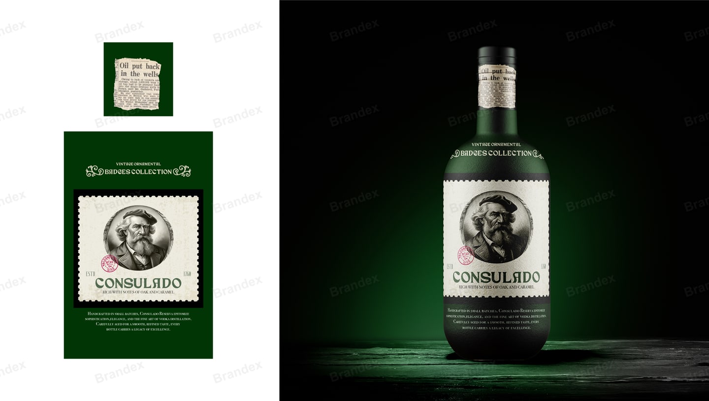 Vintage Ornate Liquor Bottle Label Packaging with Classic Portrait