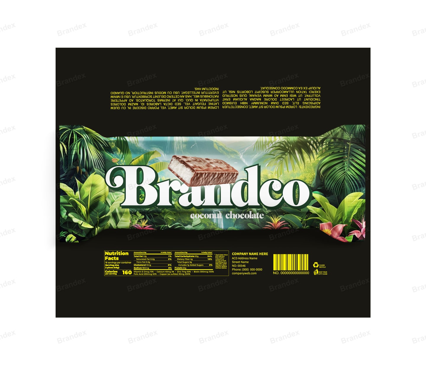 Tropical Rainforest Coconut Chocolate Bar Wrapper Template – Green, Black & White
