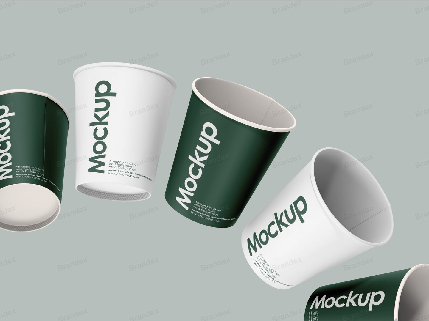 Floating Green and White Paper Coffee Cups Mockup Set
