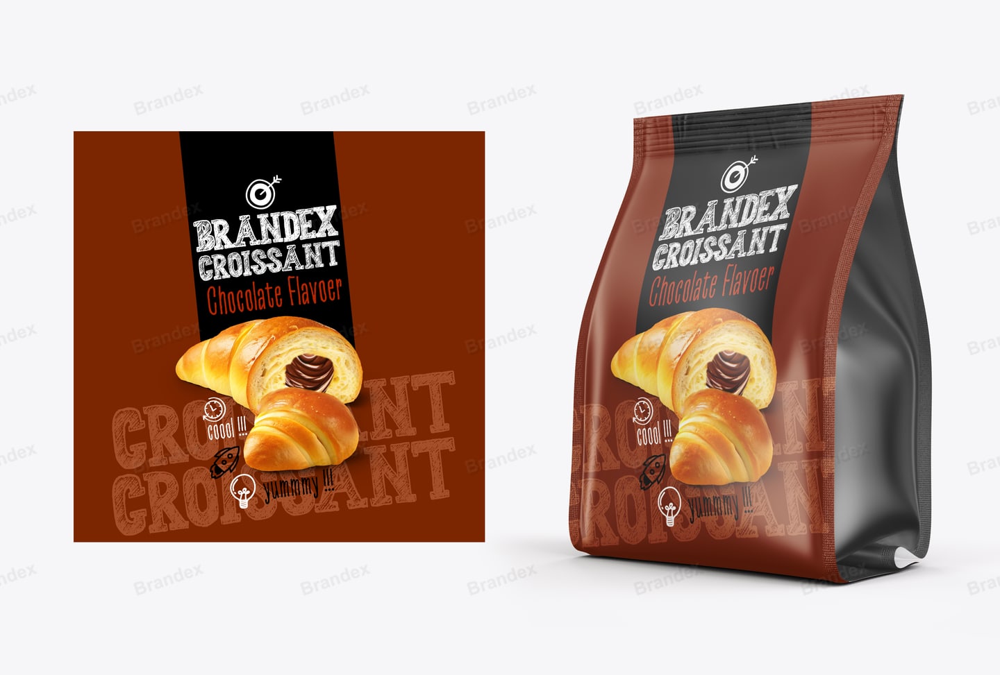 Chocolate Croissant Pouch Packaging Template – Retro Brown & Black Design
