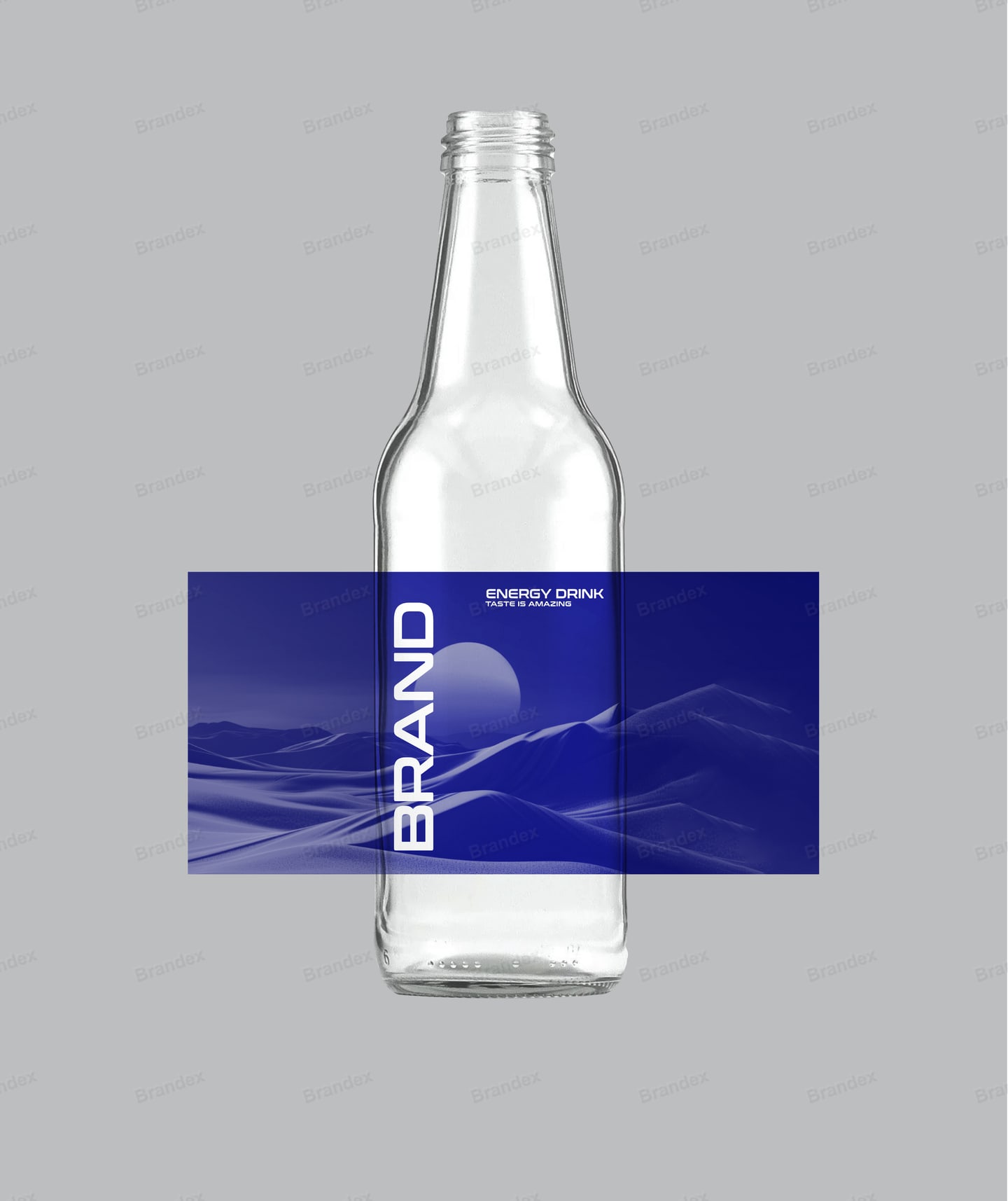 Blue Futuristic Energy Drink Glass Bottle Packaging Mockup