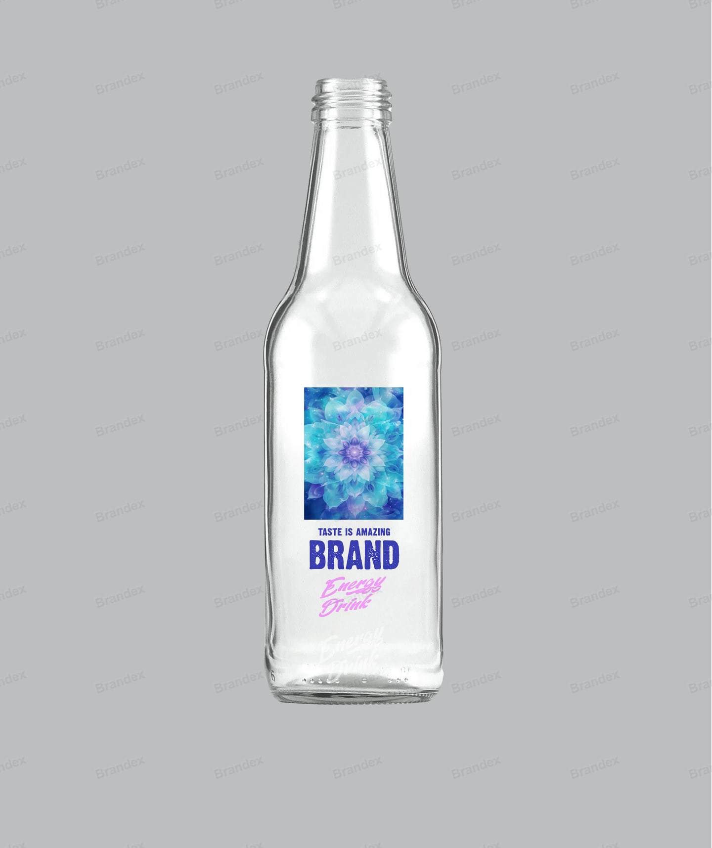 Premium Glass Soda Bottle – "Brand" Energy Drink Mockup with Mandala Label