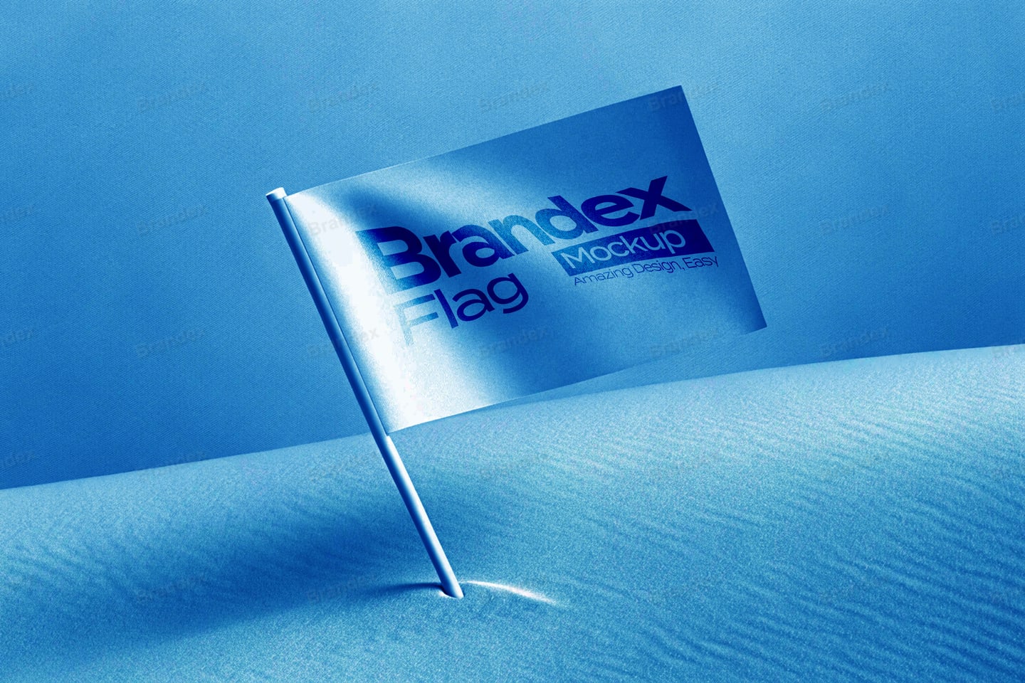 Small Desk Flag Mockup on Blue Sand Dunes – Monochrome Outdoor Setup