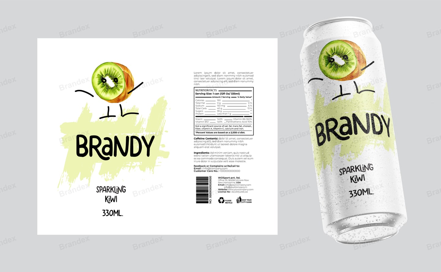 Brandy Sparkling Kiwi 330ml Can Packaging - White Cartoon Design Mockup