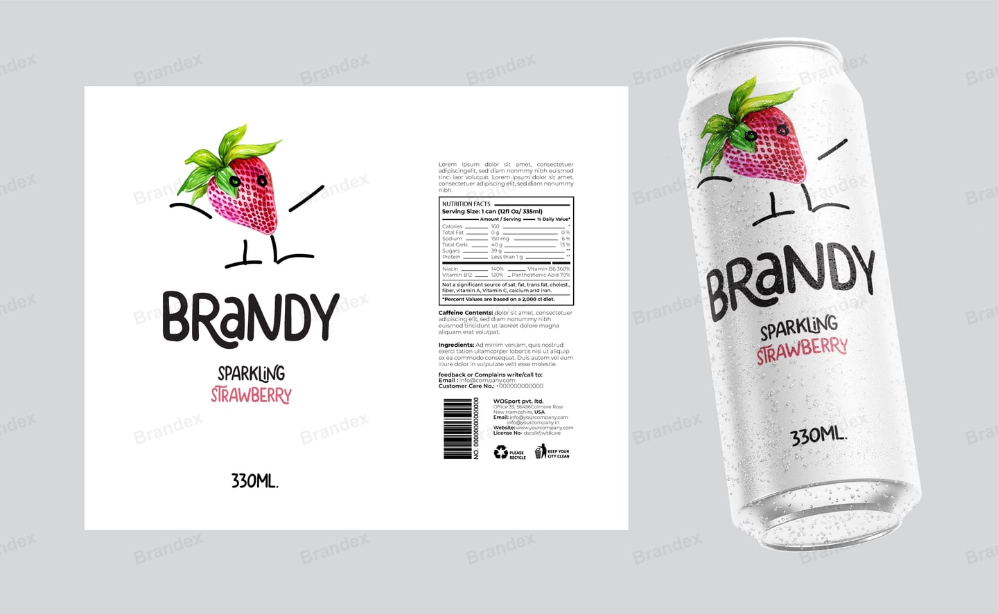 Brandy Sparkling Strawberry 330ml Can Packaging - White Cartoon Design Mockup
